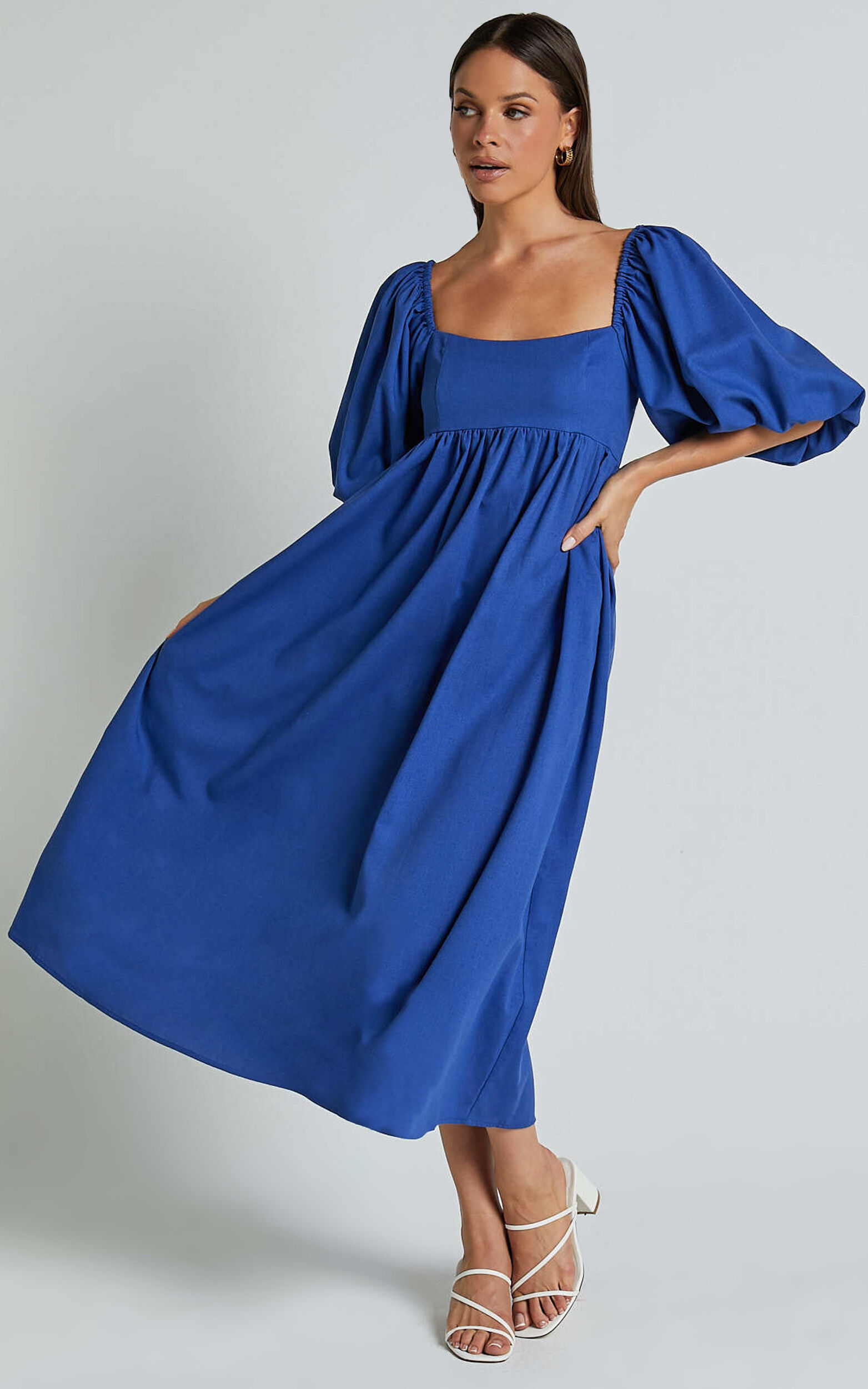 Cenia Midi Dress - Linen Straight Neck Shirred Back Puff Sleeve Dress in Bright Blue