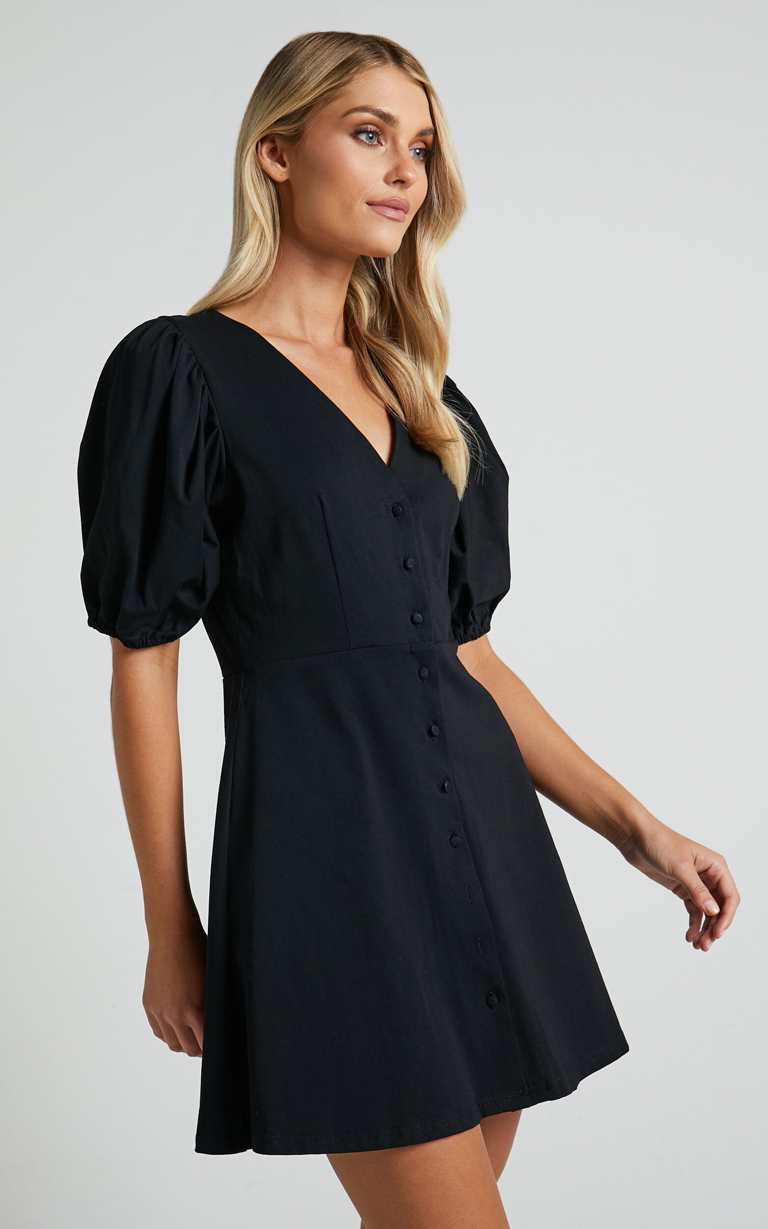 Rochelle Mini Dress - V Neck Button Through Dress in Black