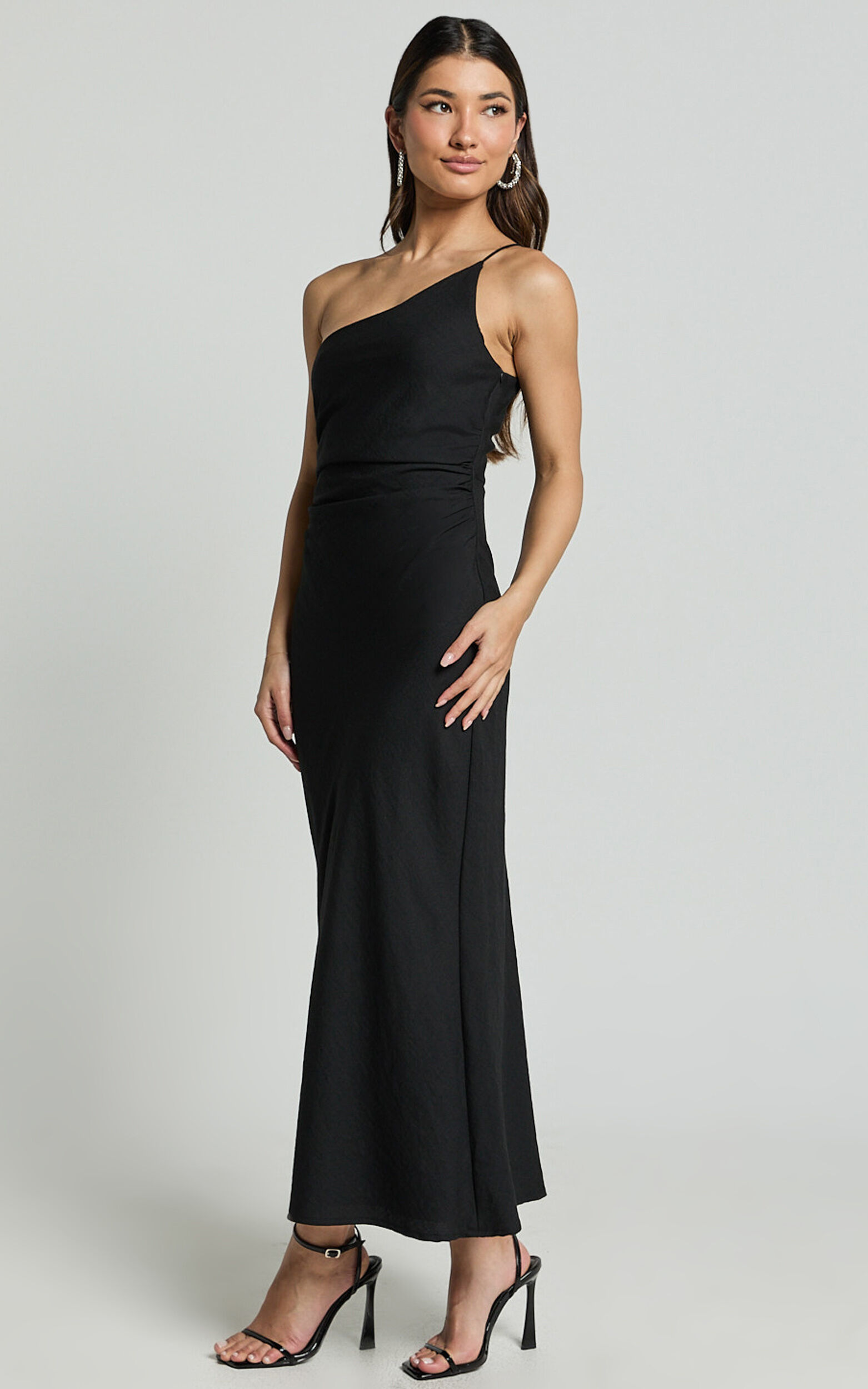 Devon Maxi Dress - One Shoulder Slip Dress in Black