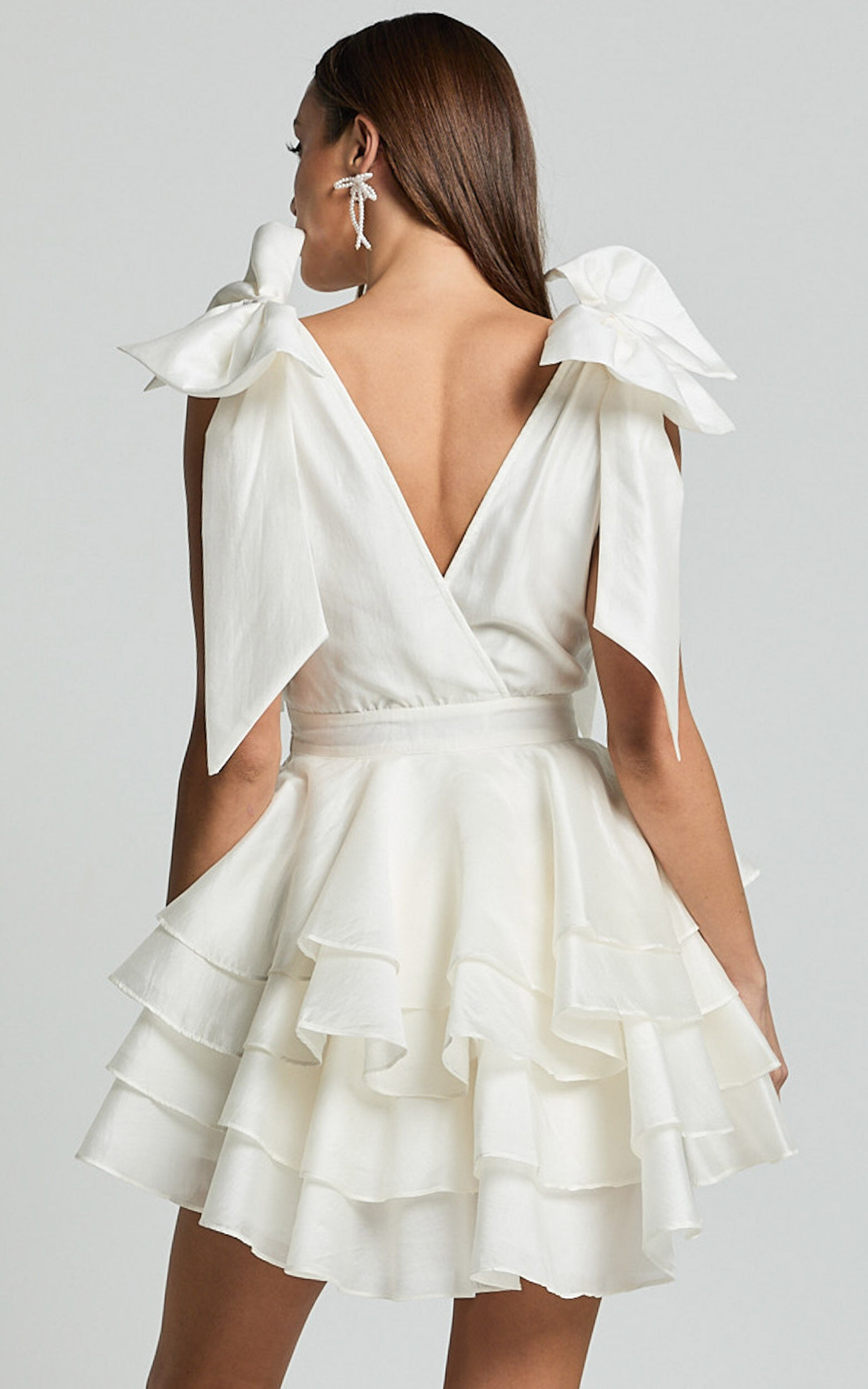 Roxanne Mini Dress - Shoulder Tie Plunge Ruffle Dress in White