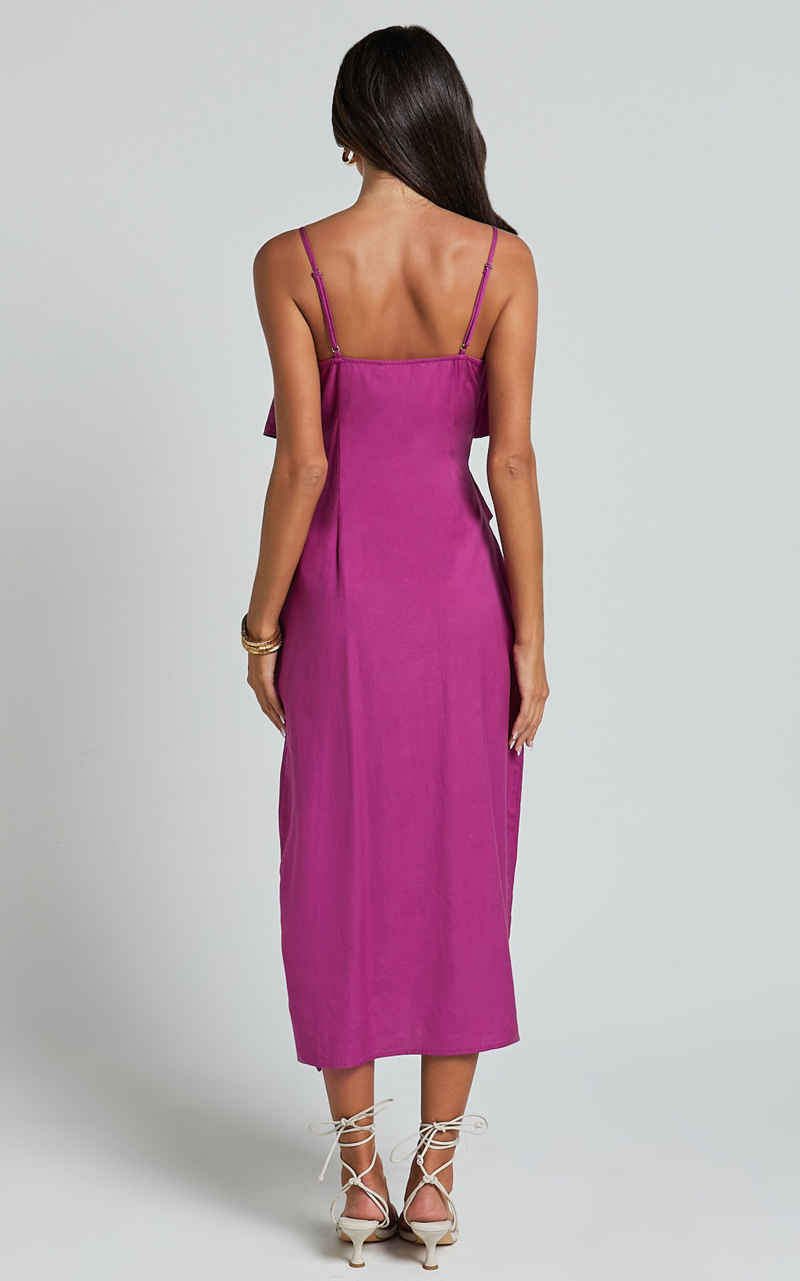 Pearline Midi Dress - Linen Frill Detail Thigh Split Slip Dress in Grape