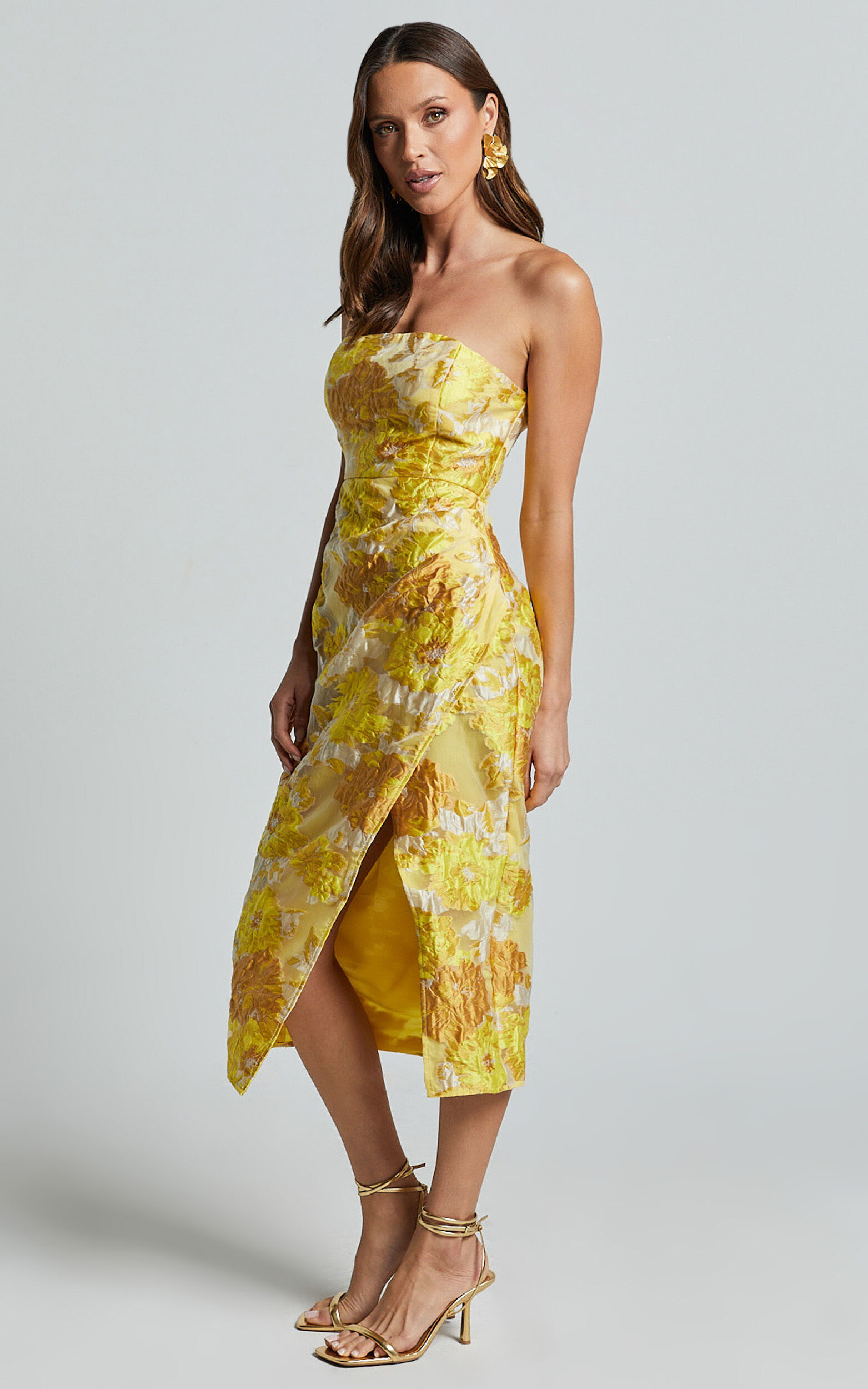 Brailey Midi Dress - Thigh Split Strapless Dress in Yellow Jacquard