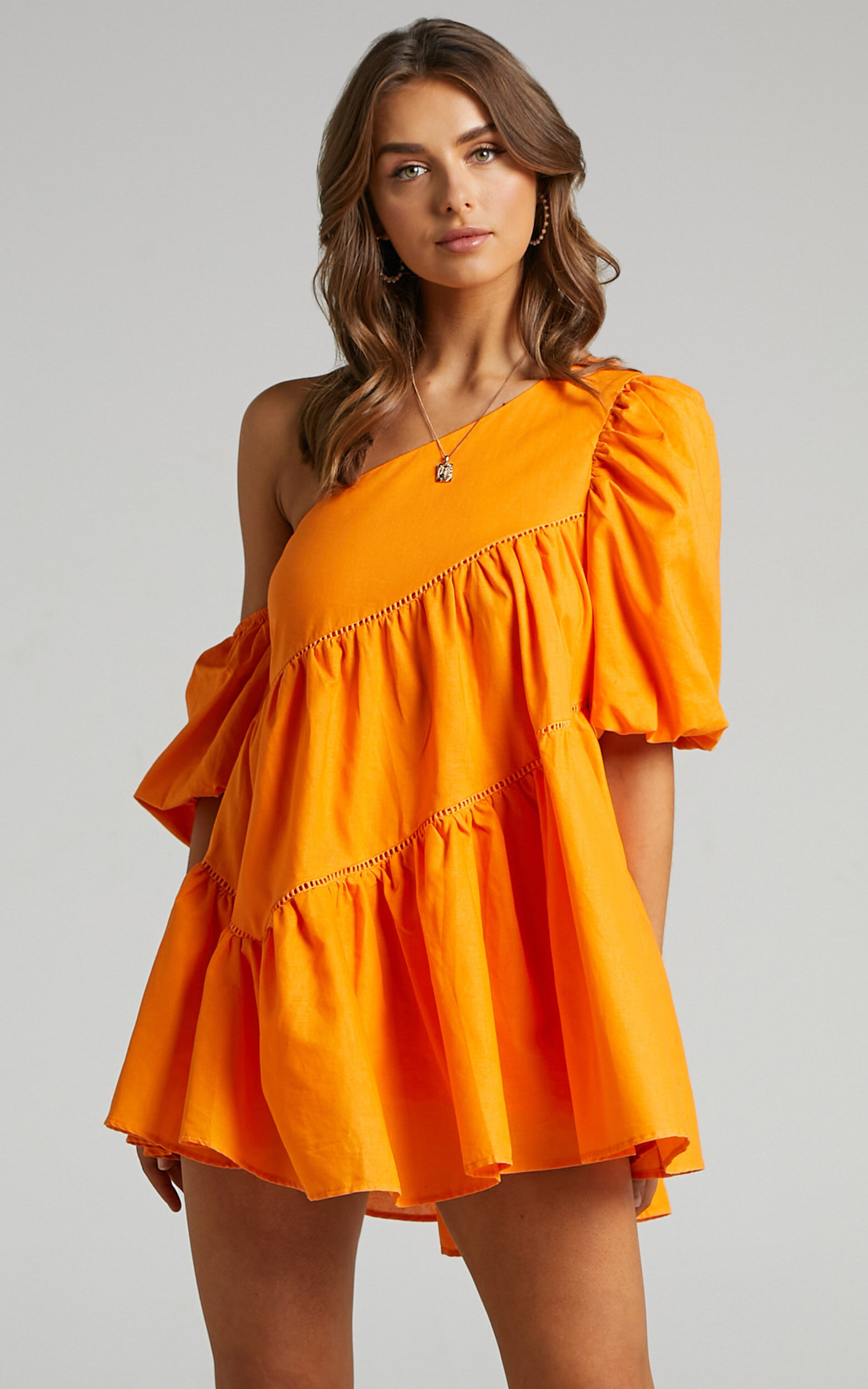 Harleen Mini Dress - Linen Asymmetrical Trim Puff Sleeve Dress in Orange