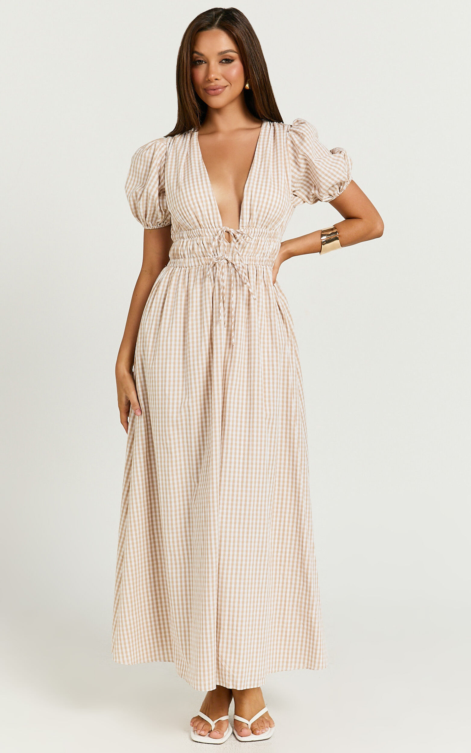 Matteo Midi Dress - Deep V Neck Puff Sleeve Dress in Light Gingham