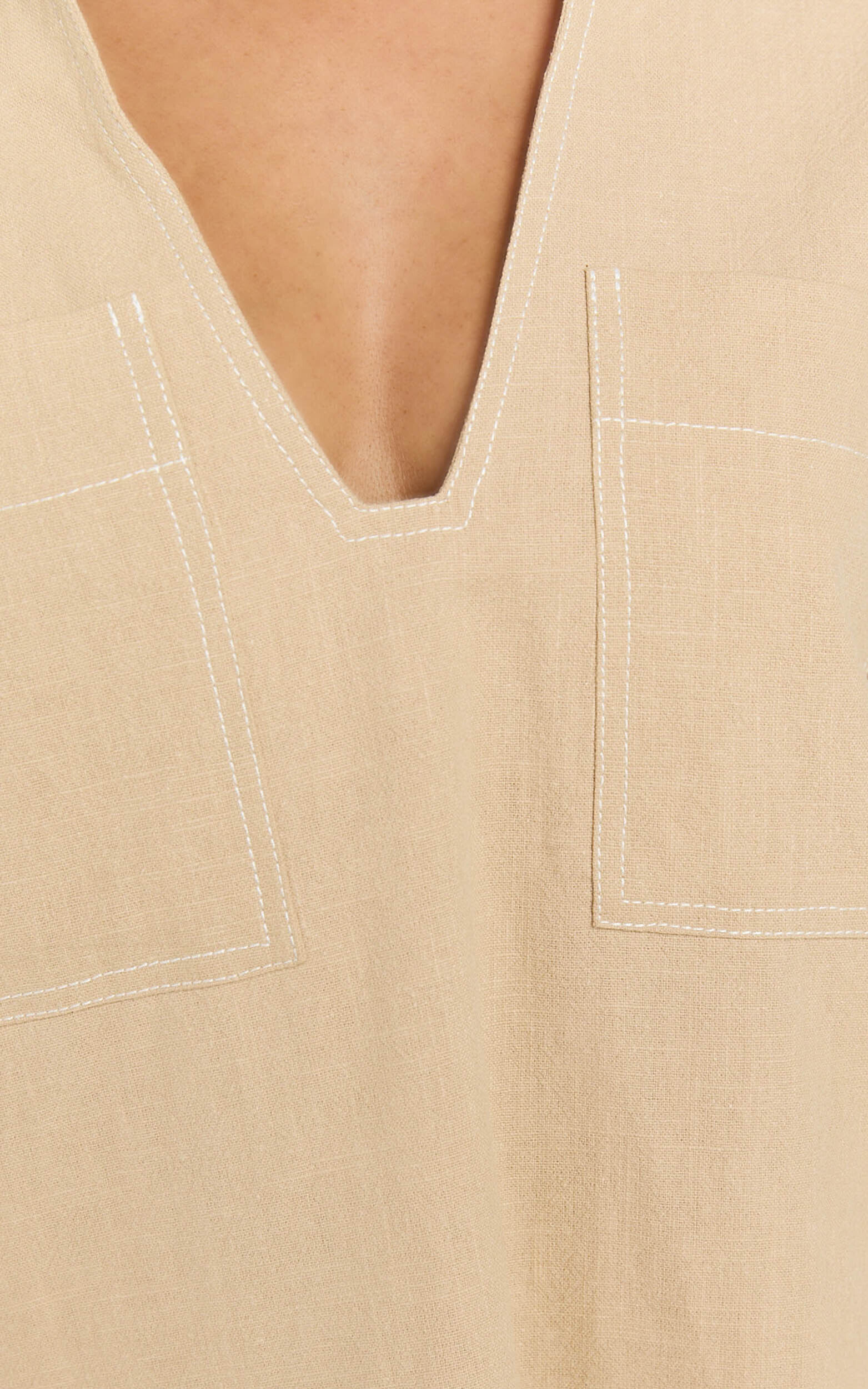 Sanvi Mini Dress - Linen Collared Pocket Shift Dress in Beige