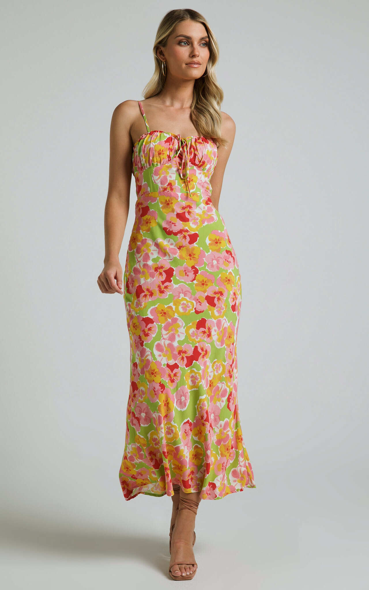 Elmerie Midi Dress - Sleeveless Tie Neck Front Dress in Green Floral Print