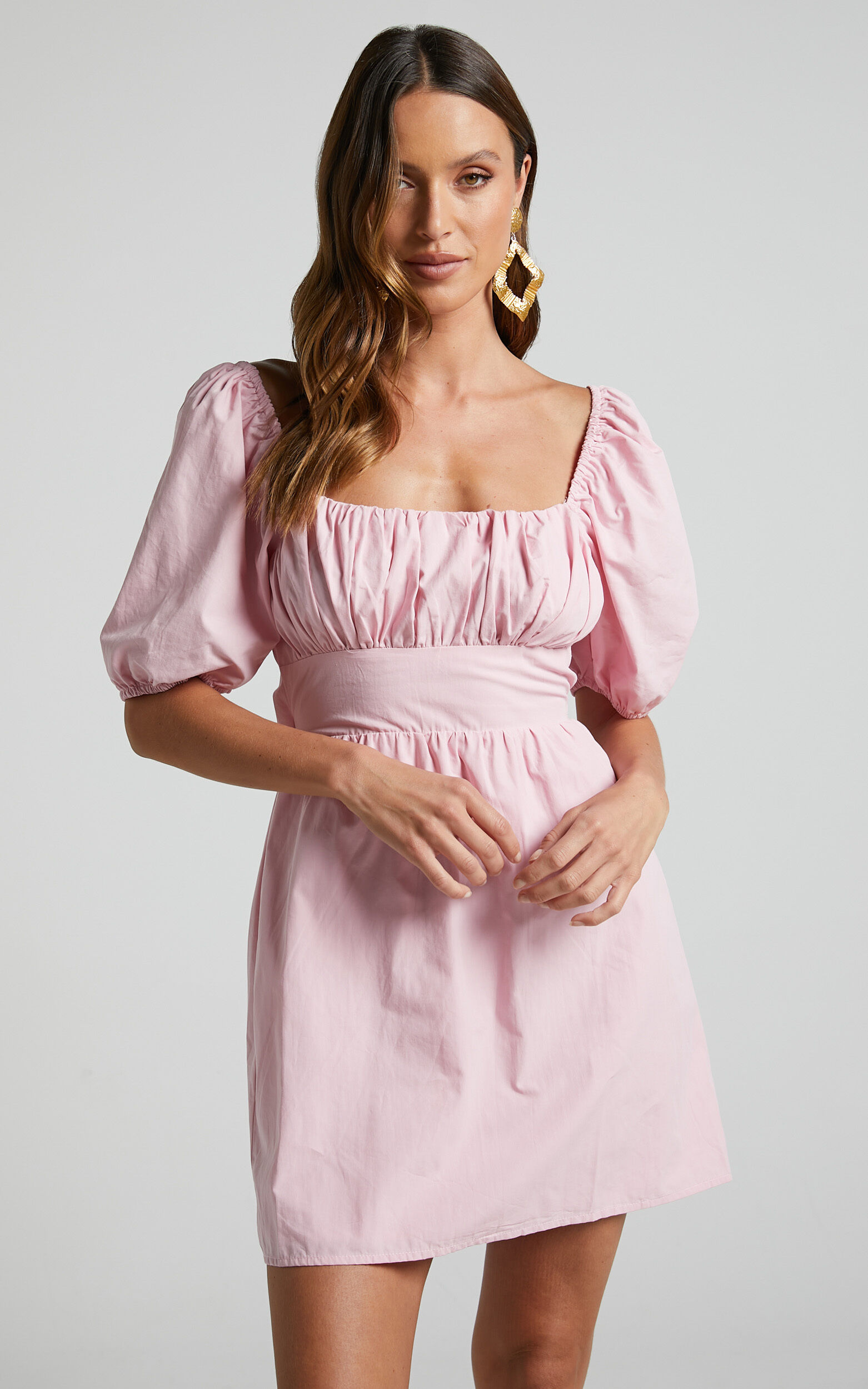 Branson Mini Dress - Short Puff Sleeve Tie Back Dress in Pink
