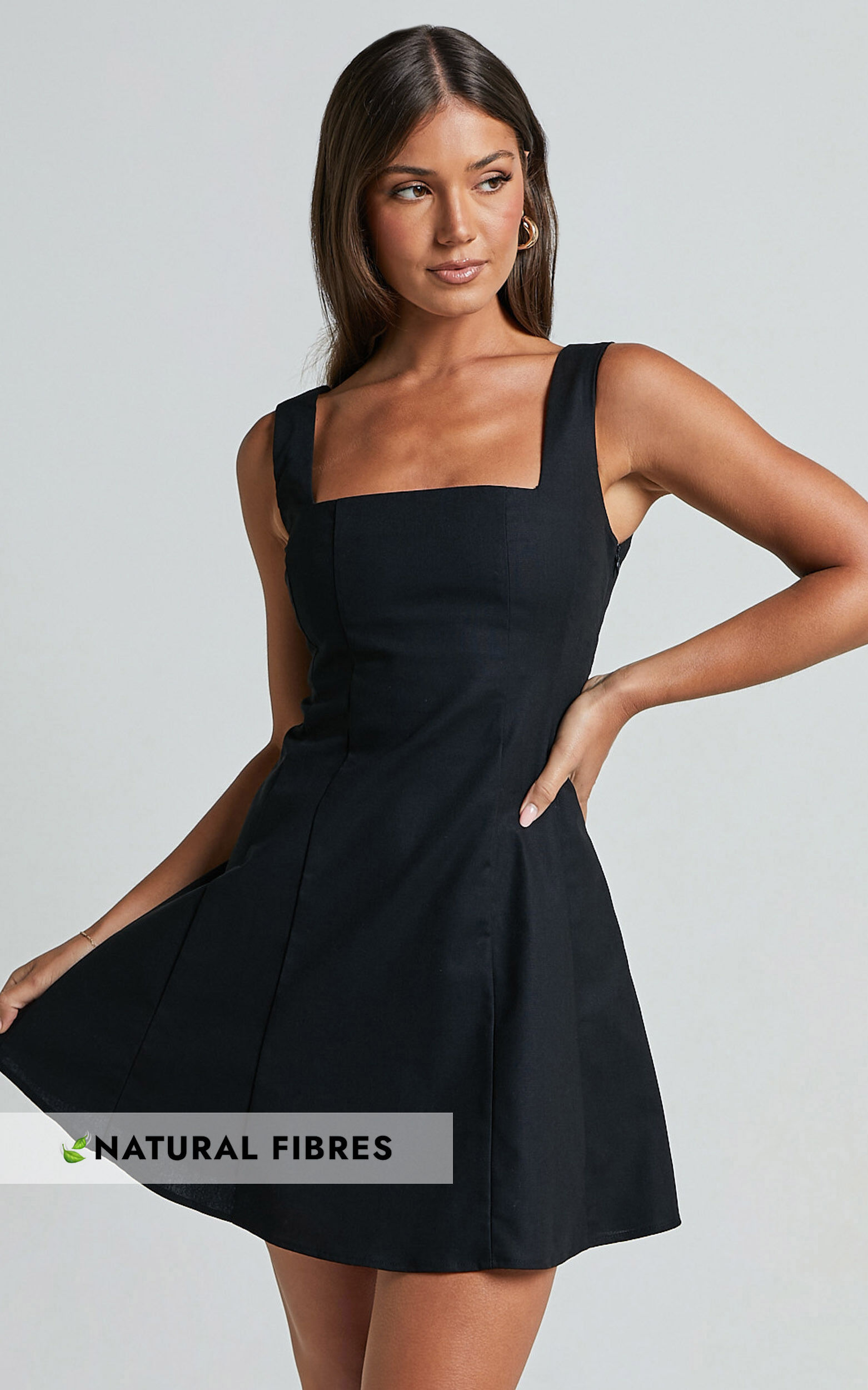 Adiana Mini Dress - Linen Square Neck Shirred Back A Line Dress in Black