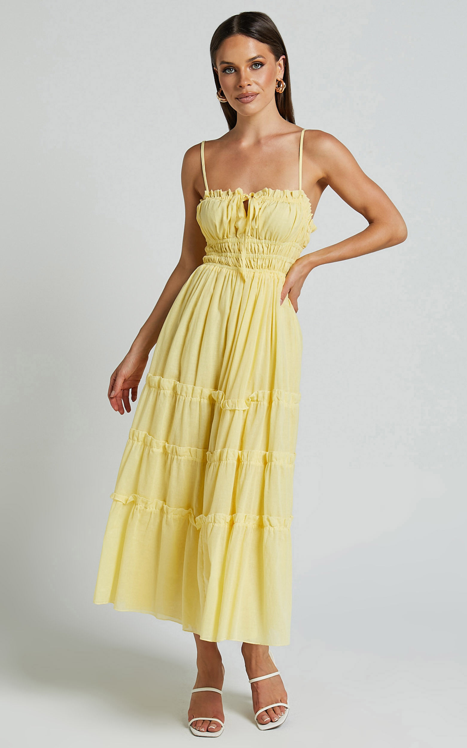 Schiffer Midi Dress - Strappy Ruched Tie Front Tiered Dress in Yellow