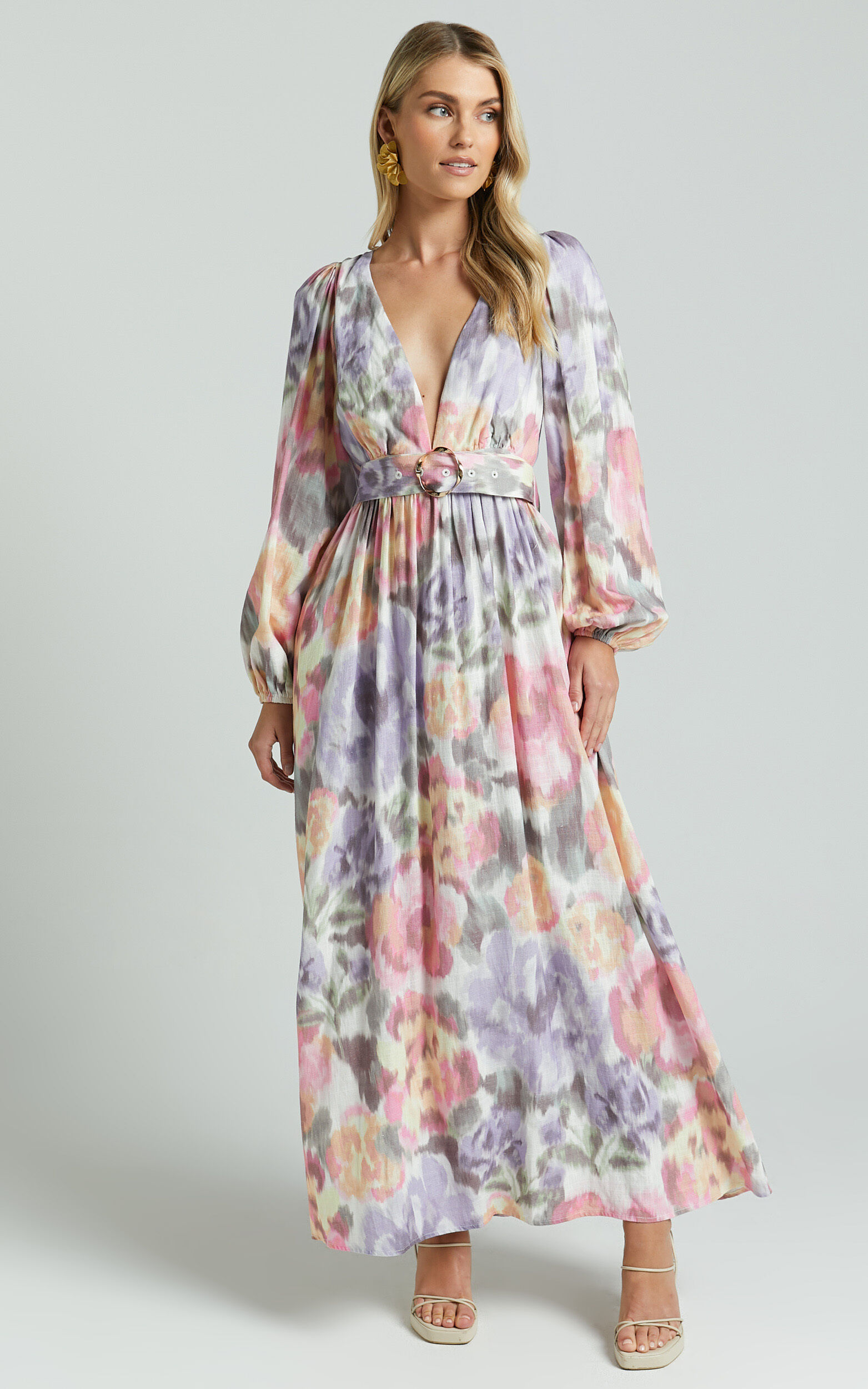 Amalie The Label - Lily Linen Blend V Neck Long Puff Sleeve Tie Back Maxi Dress in Montreuil Print