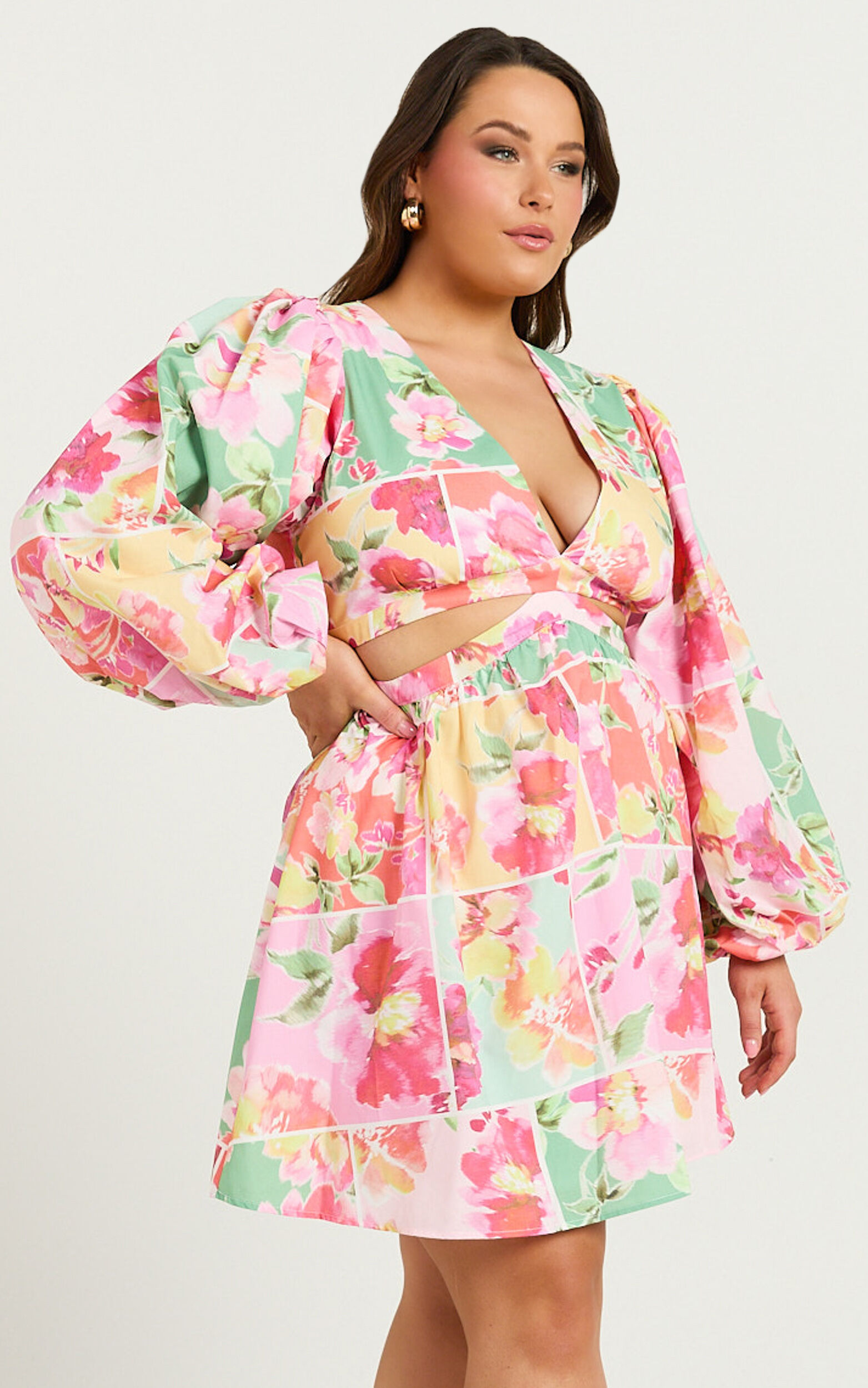 Emily Mini Dress - V Neck Long Sleeve Cut Out Dress in Blurred Patchwork Floral