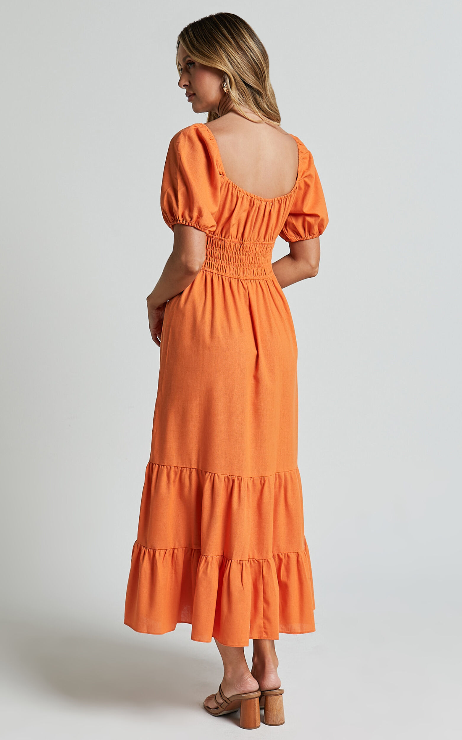 Claritza Midi Dress - Linen Look Short Puff Sleeve Square Neck Tiered Dress in Sherbert