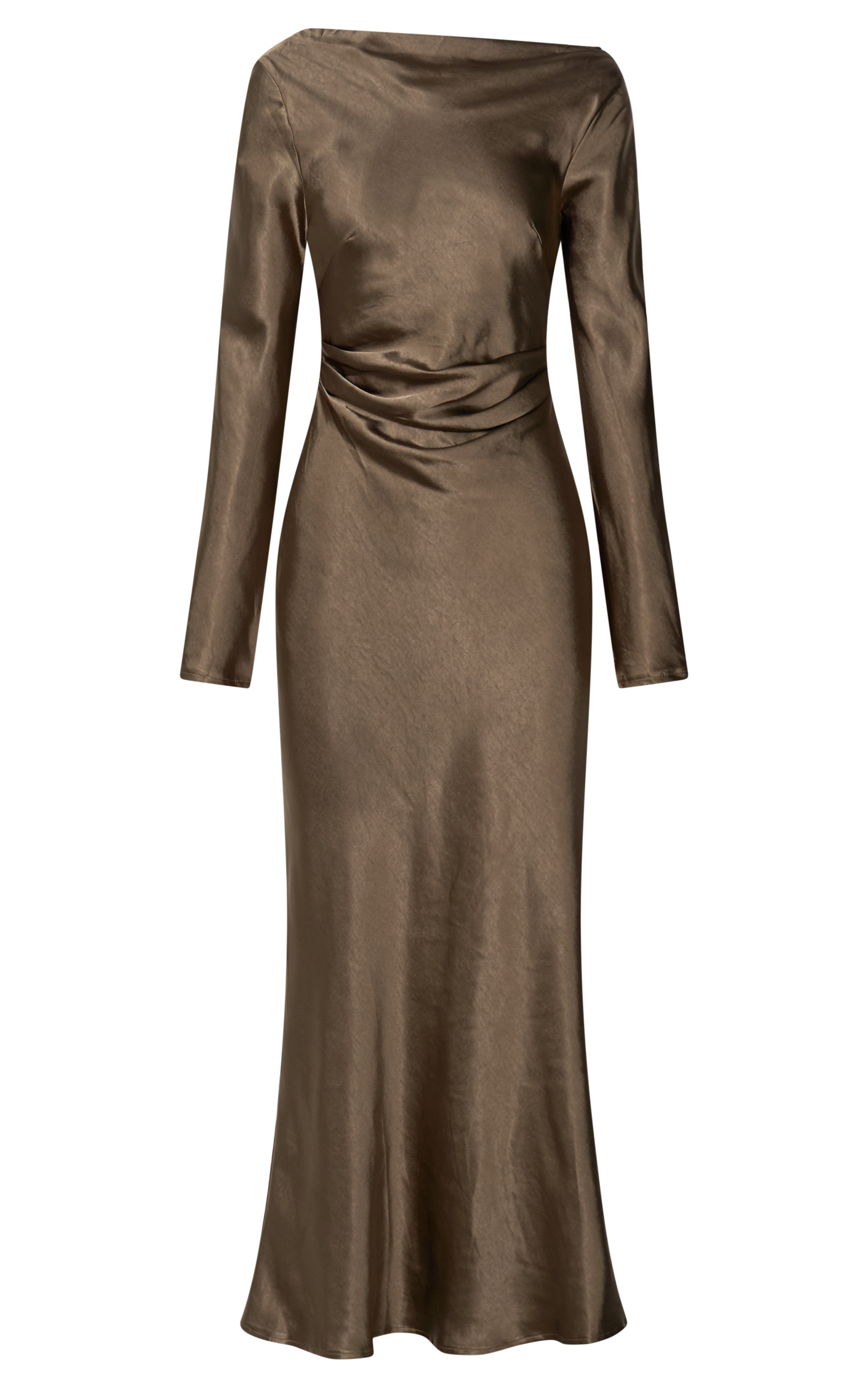 Arriana Midi Dress - Long Sleeve Cowl Back Satin Dress in Dark Olive