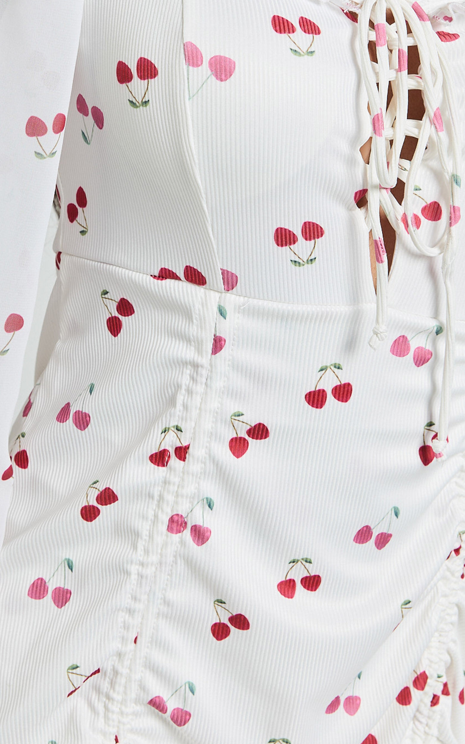 Francia Mini Dress - Long Sleeve Gathered Frill Hem Detail Dress in Cherry Print