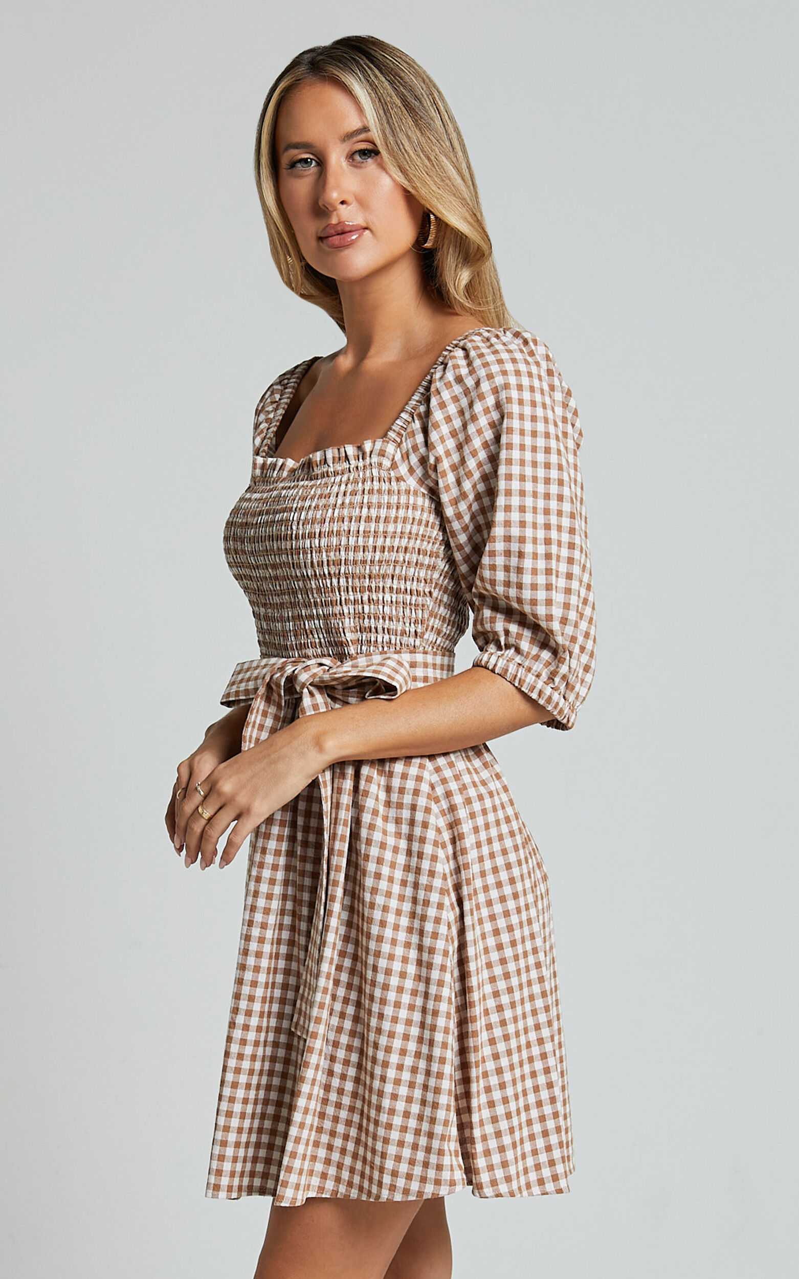 Liza Mini Dress - Shirred Bodice Short Sleeve Tie Dress in Caramel and White Gingham