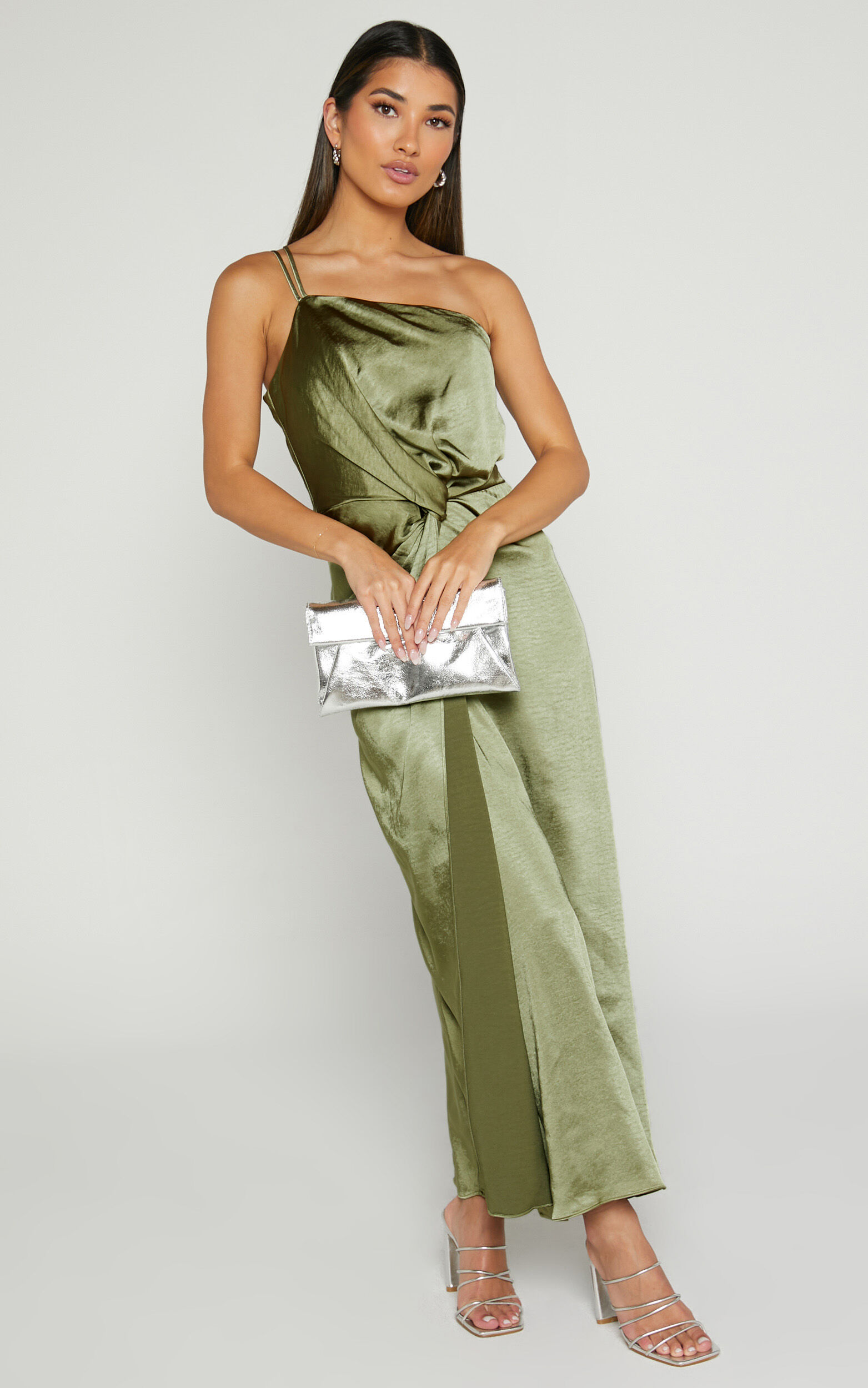 Estelle Midi Dress - One Shoulder Thigh Split Dress in Olive