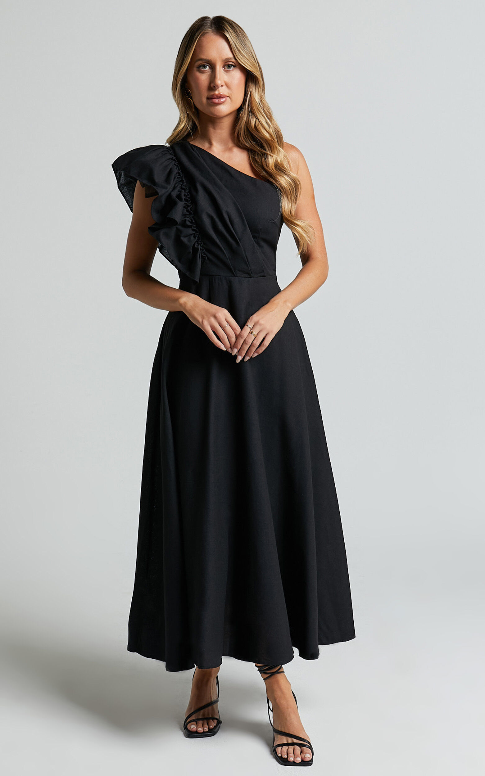 Dixie Midi Dress - Linen Look One Shoulder Ruffle Dress in Black