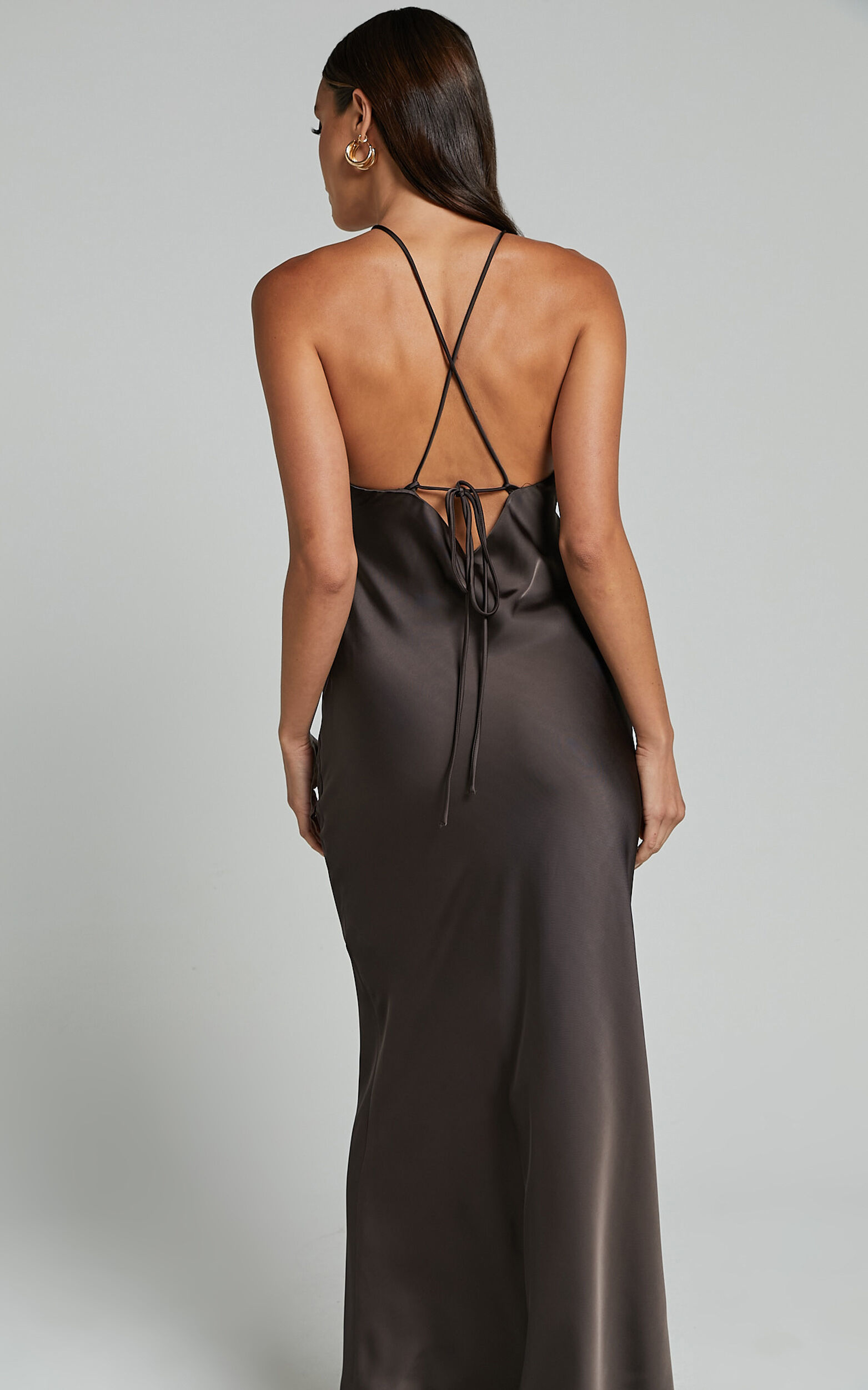 Aurora Midi Dress - Halter Tie Neck Satin Bias Cut Dress in Espresso