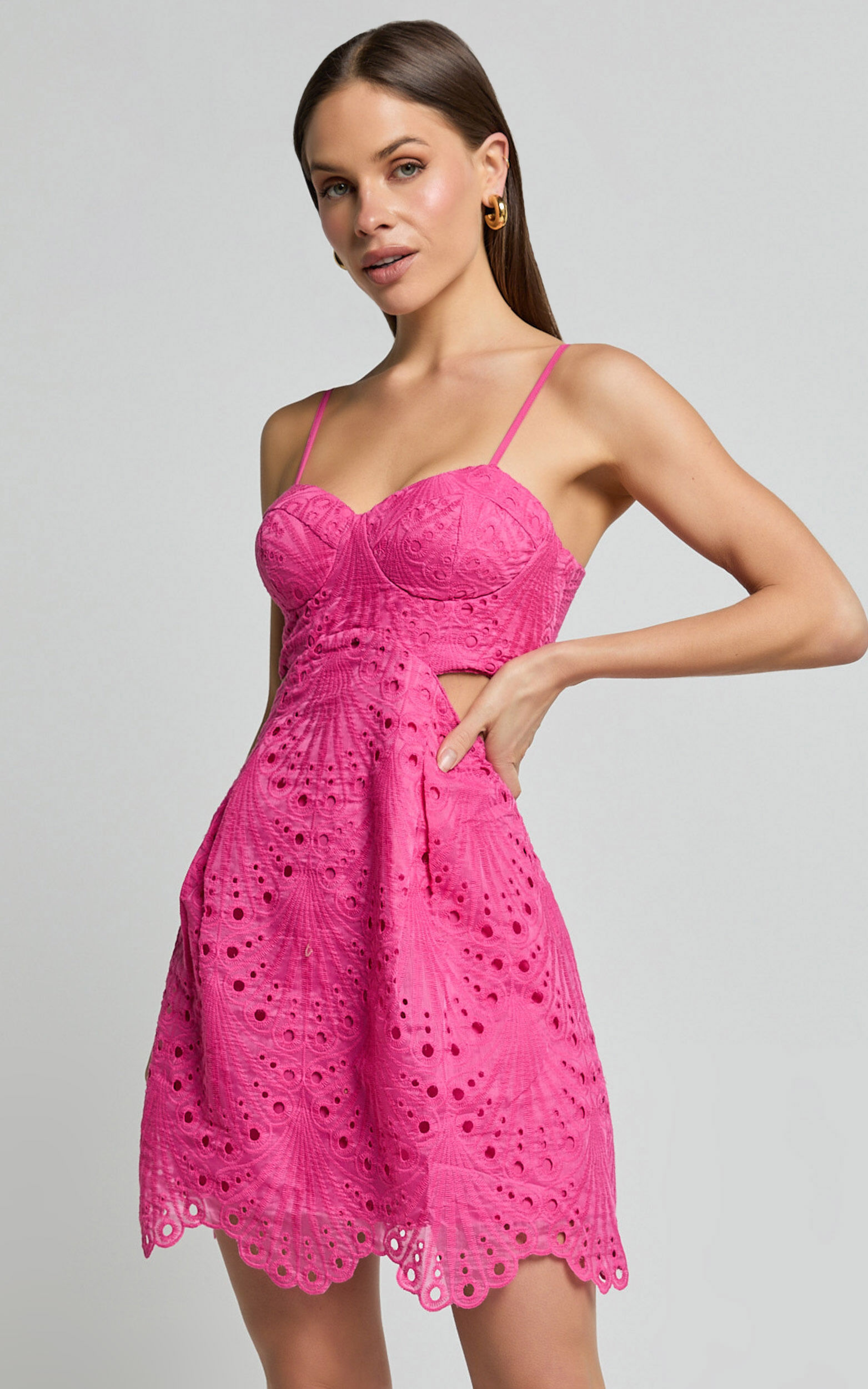 Layne Mini Dress - Strappy Cut Out Embroidered Dress in Pink