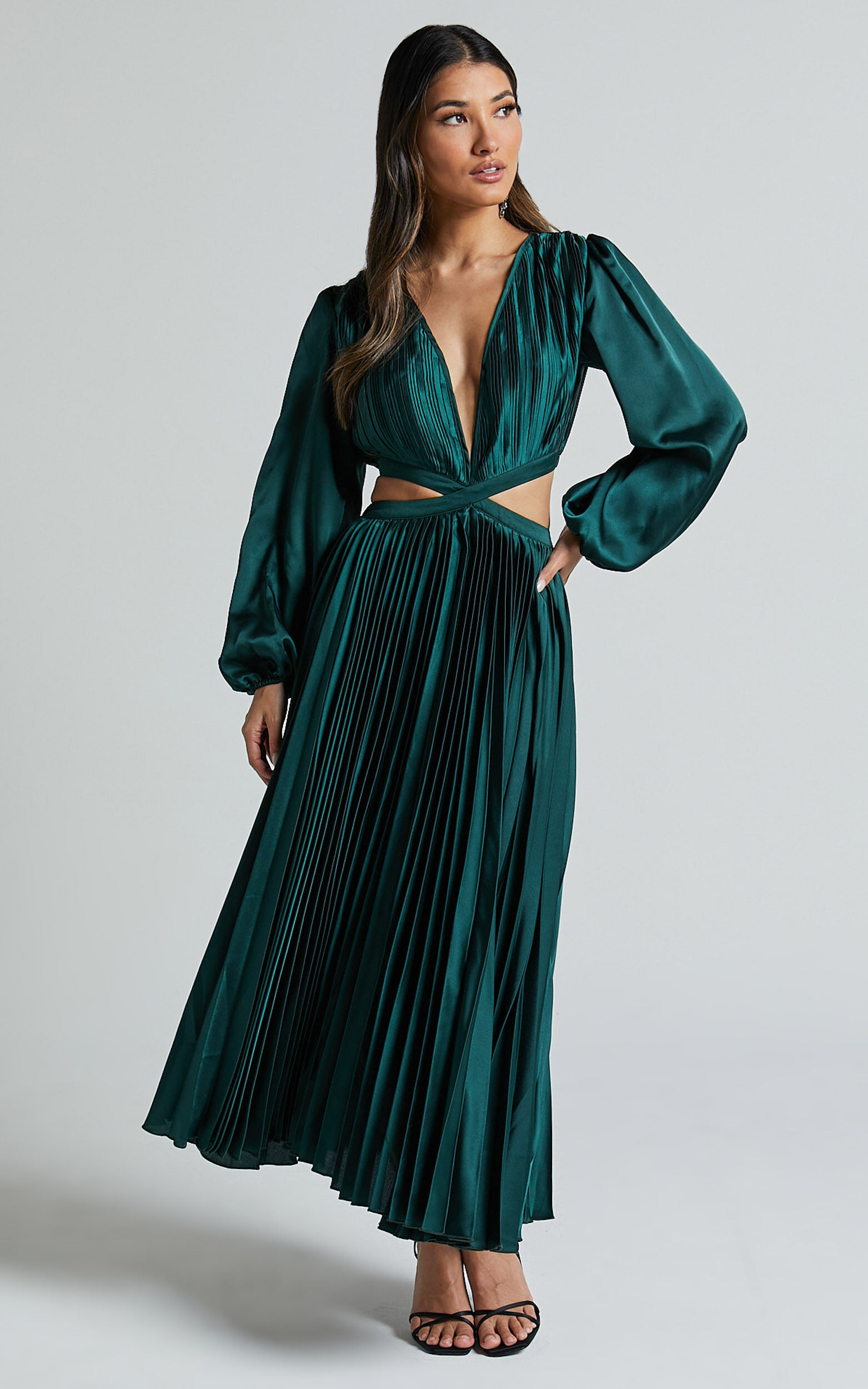 Jade Midi Dress - Side Cut Out Pleated Balloon Sleeve Dress in Emerald Green