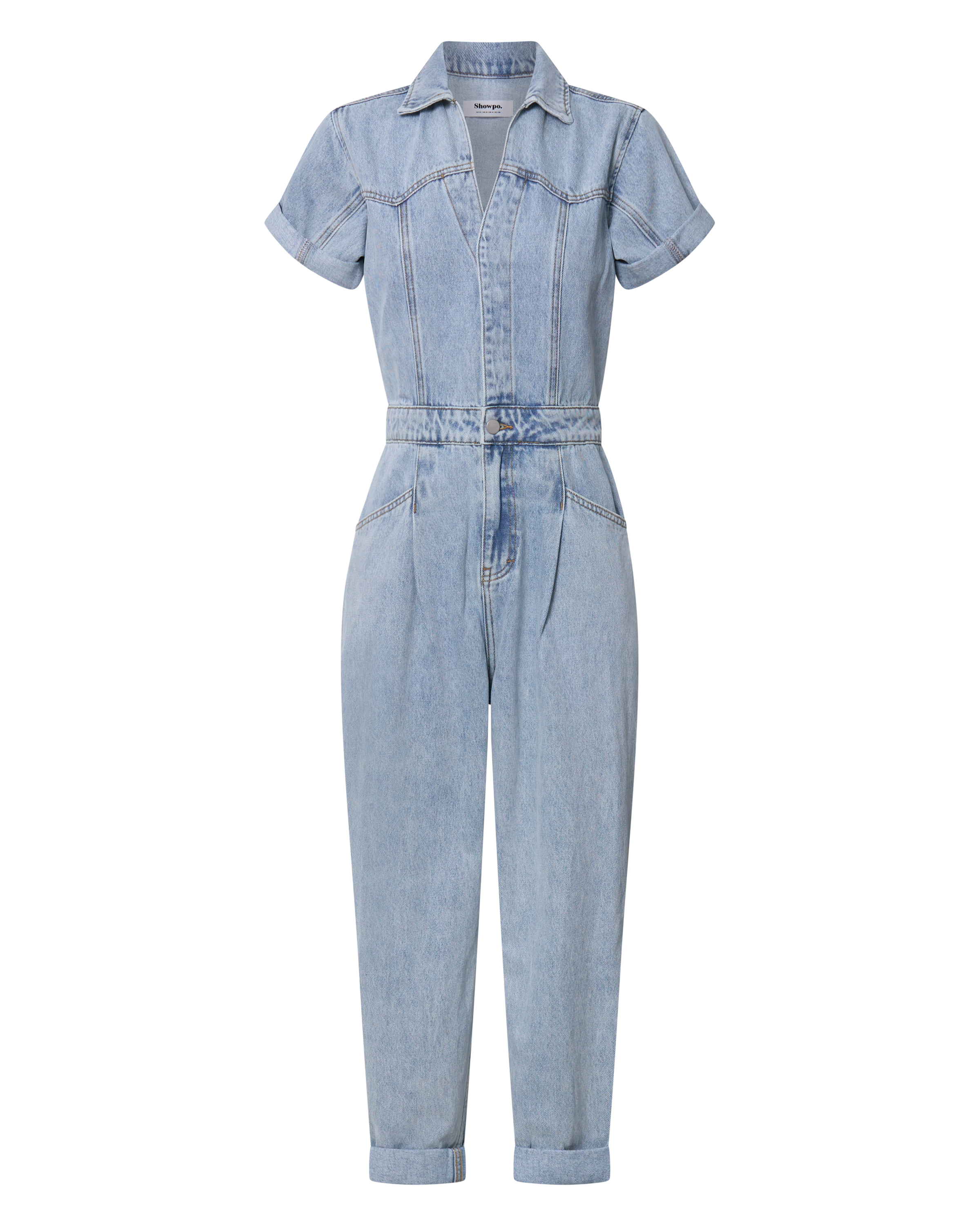 Jordyn Jumpsuit - Short Sleeve Collared Button Through Denim Jumpsuit in Light Blue
