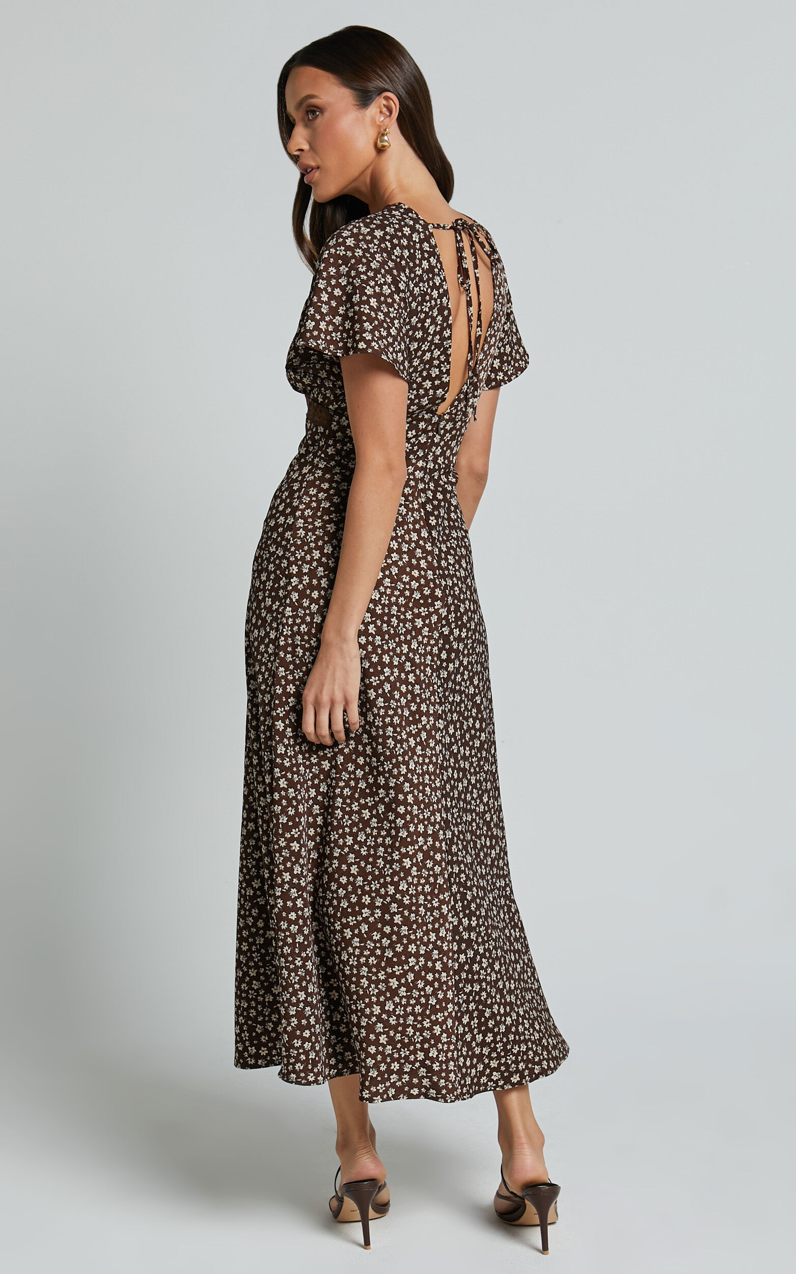 Vanya Midi Dress - V Neck Short Sleeve Lace Trim Tie Back Slip Dress in Chocolate Floral