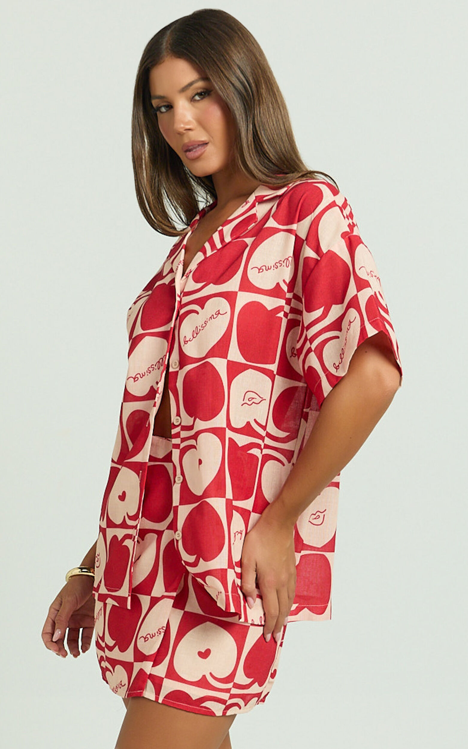 Vangie Shirt - Linen Look Short Sleeve Shirt in Red/Pink