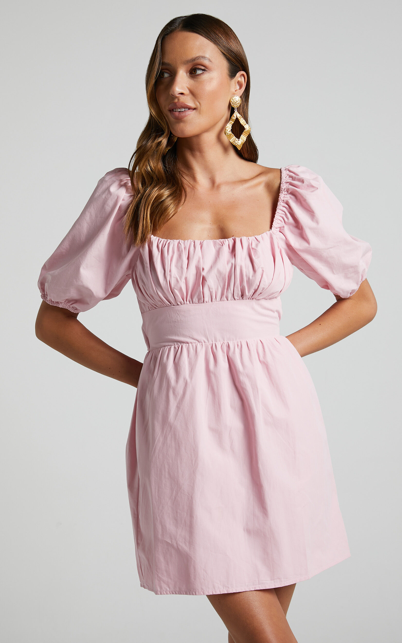 Branson Mini Dress - Short Puff Sleeve Tie Back Dress in Pink