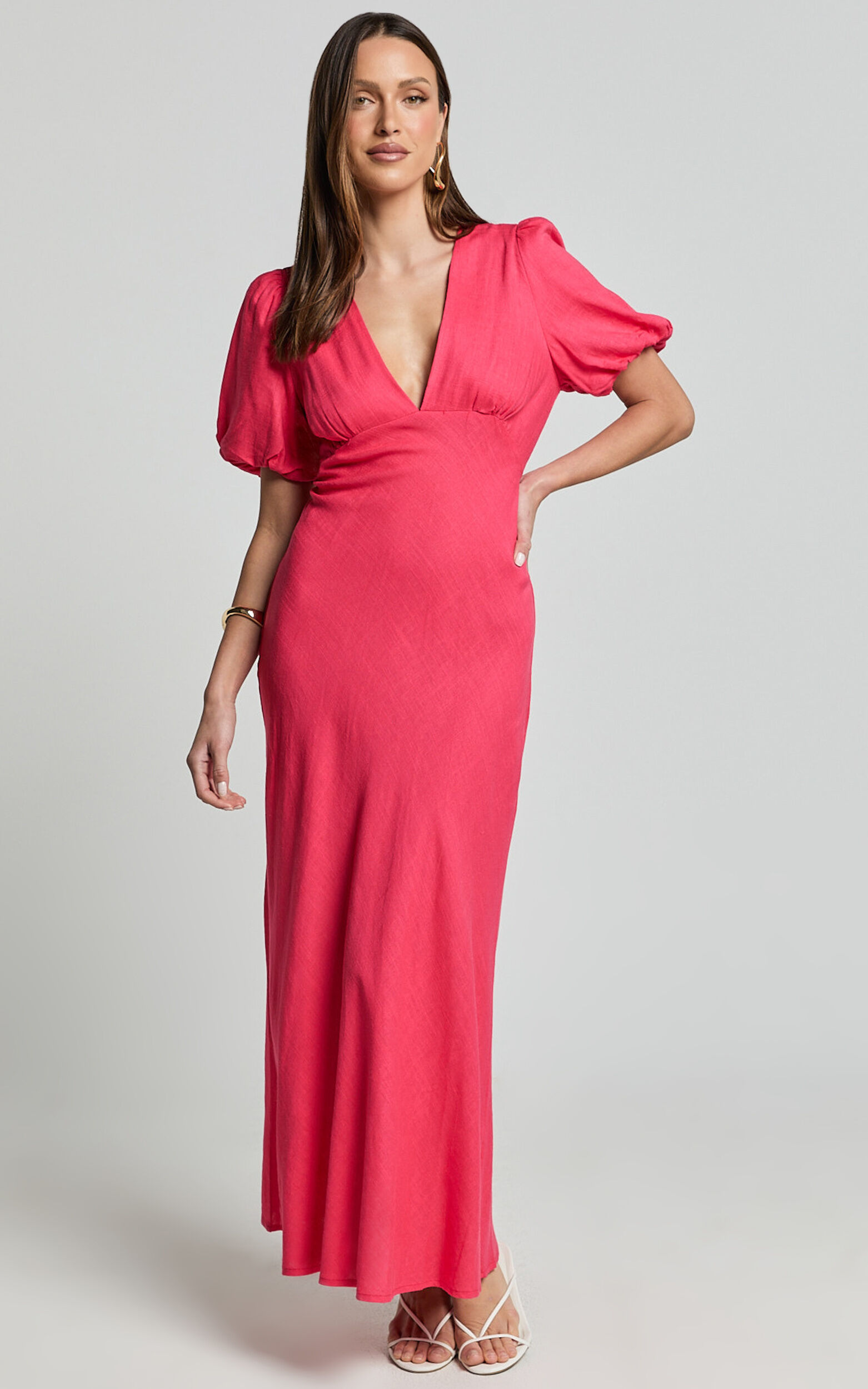 Celeste Midi Dress - Plunge Neck Short Puff Sleeve Linen Blend Dress in Berry