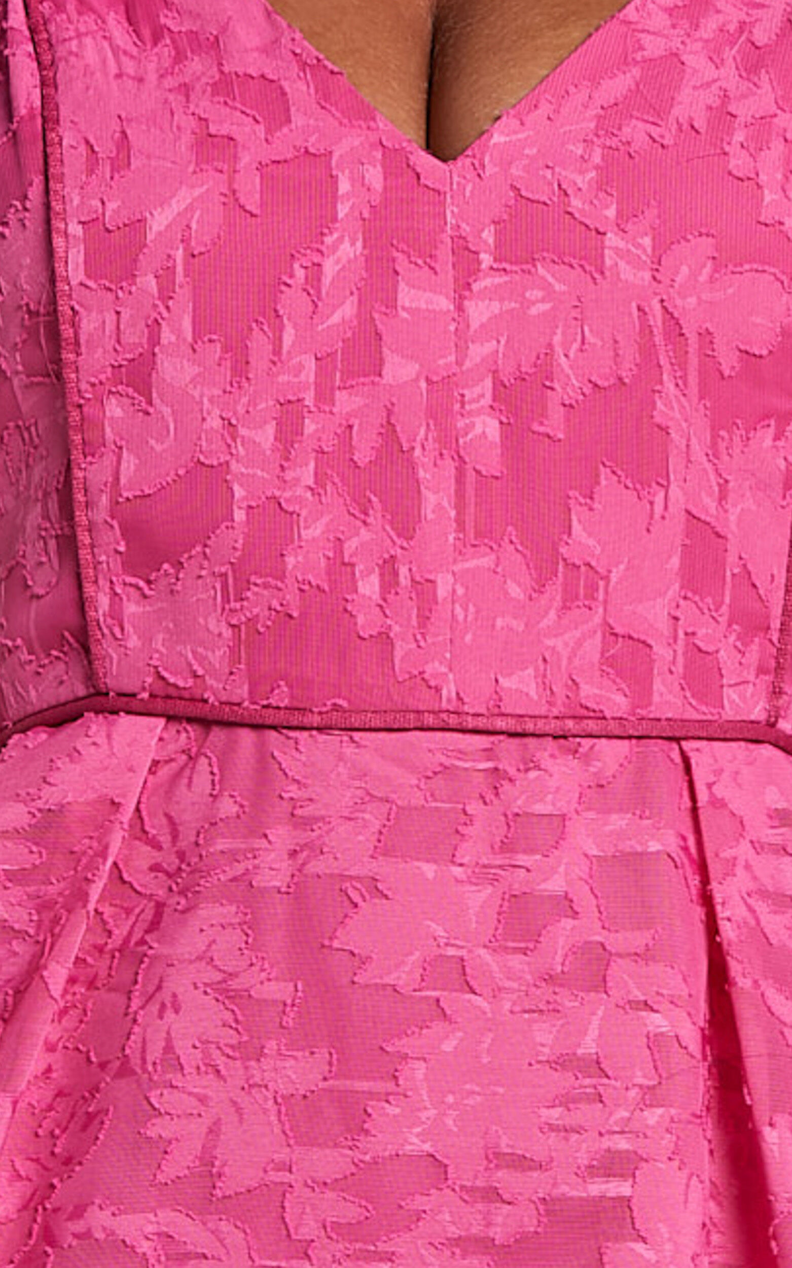 Philine Midi Dress - Jacquard Plunge Fit and Flare Dress in Pink