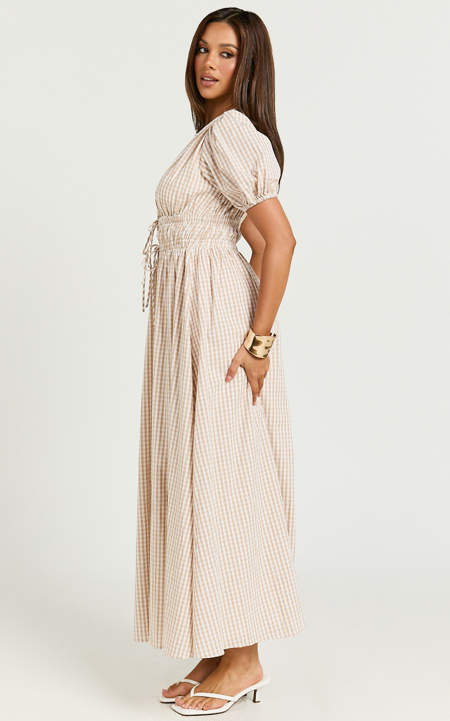 Matteo Midi Dress - Deep V Neck Puff Sleeve Dress in Light Gingham