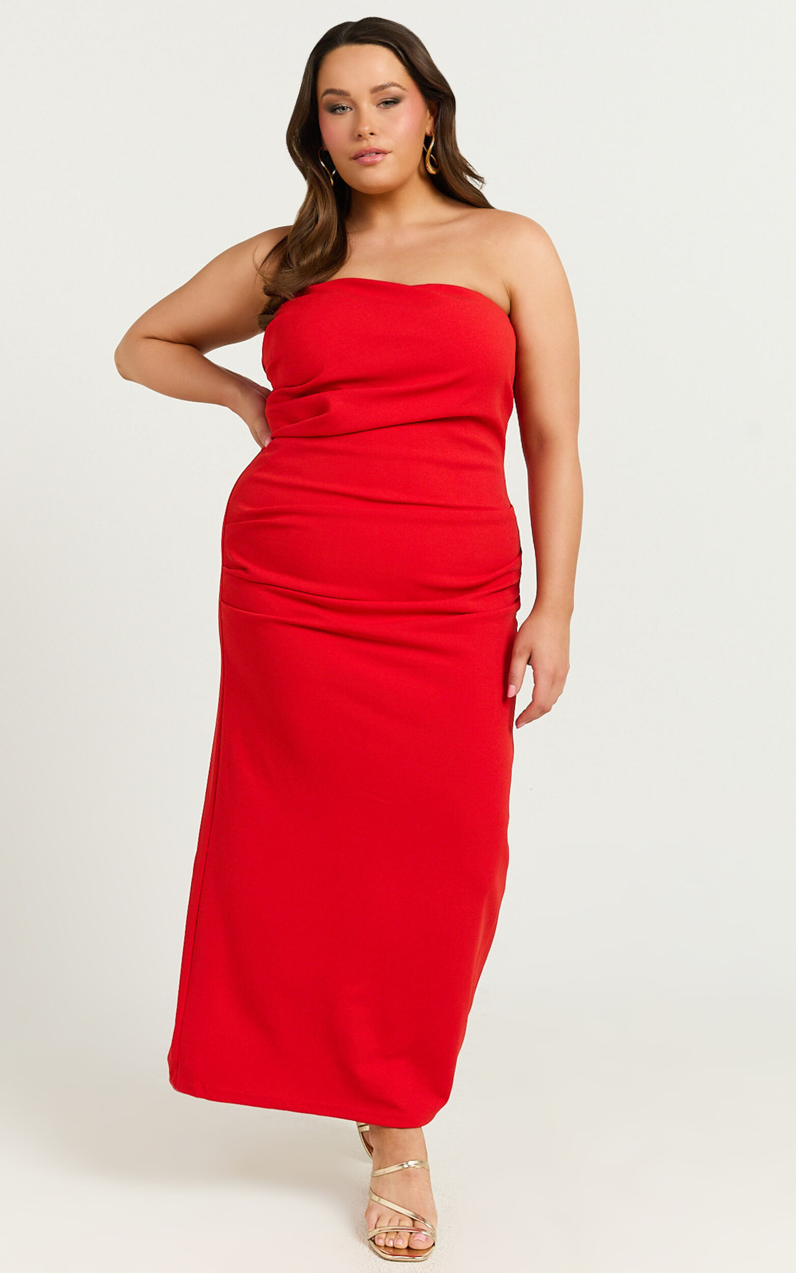 Calanthe Midi Dress - Strapless Tuck Detail Dress in Red