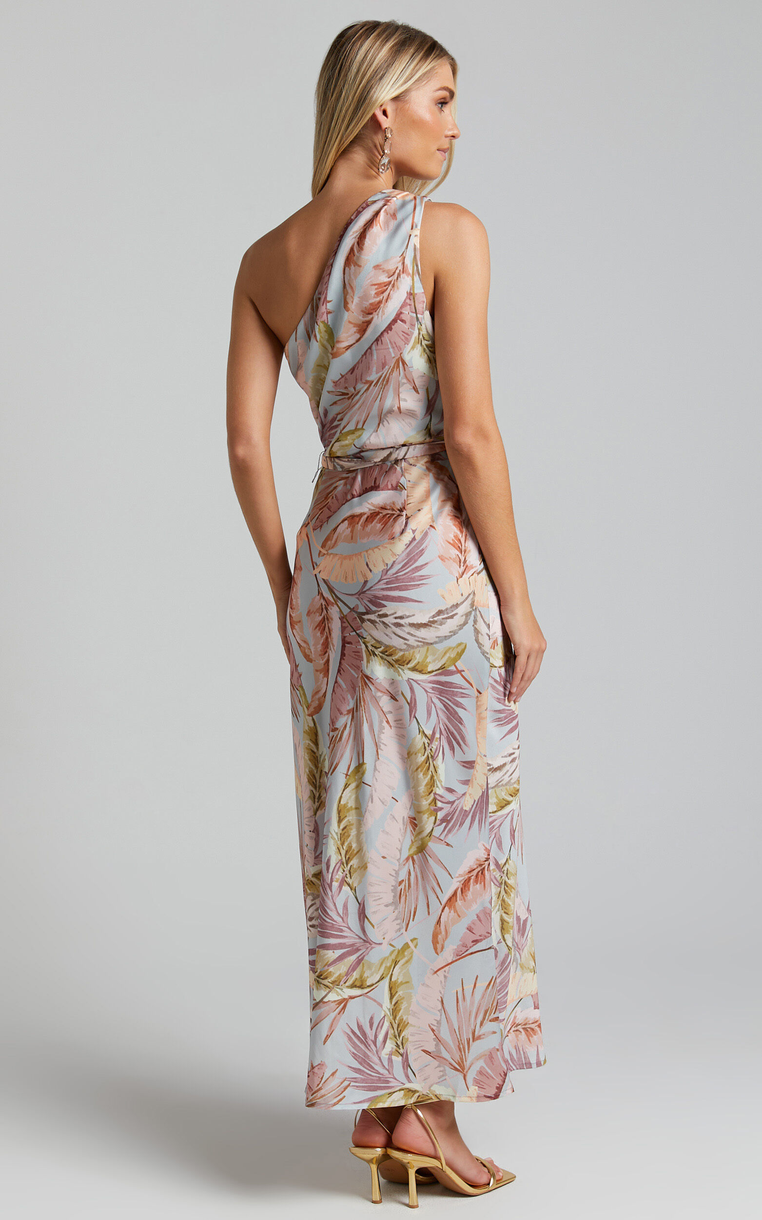 Adea Midi Dress - Asymmetric One Shoulder Slip Dress in Blue Lagoon Leaf Print