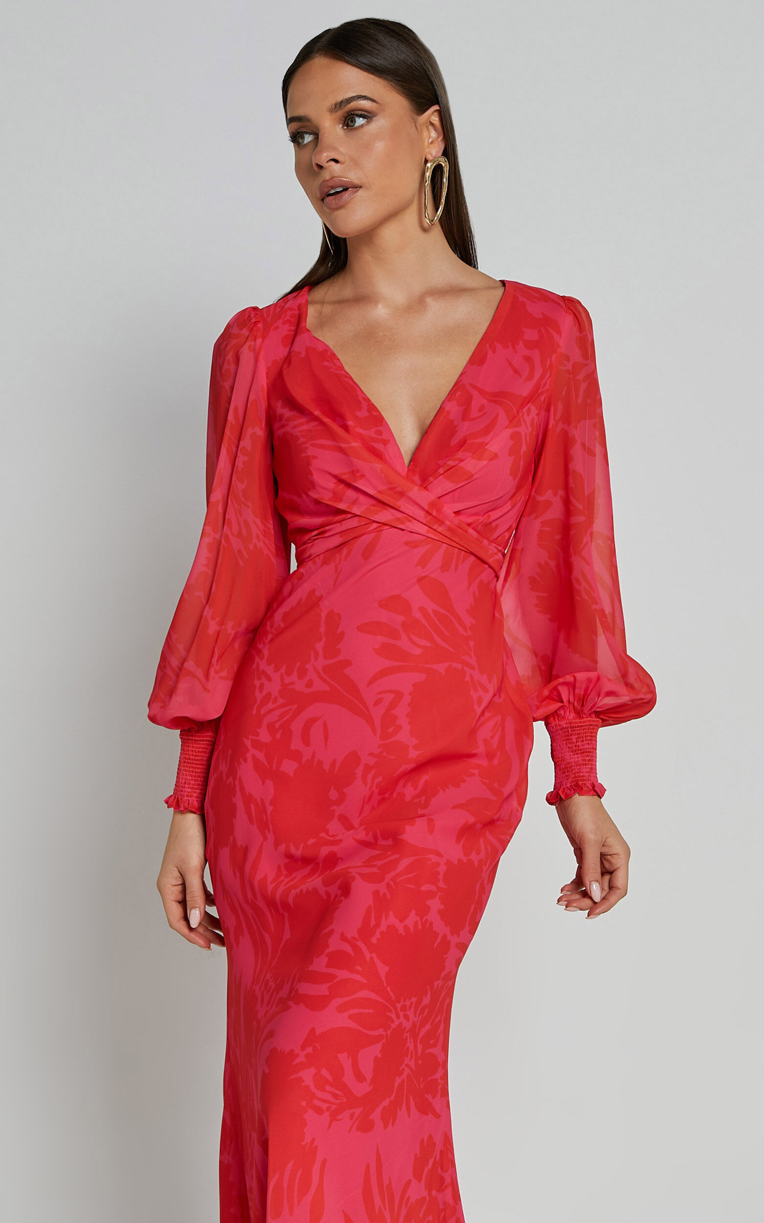 Claude Midi Dress - Deep V Neck Long Sleeve Slip Dress in Print