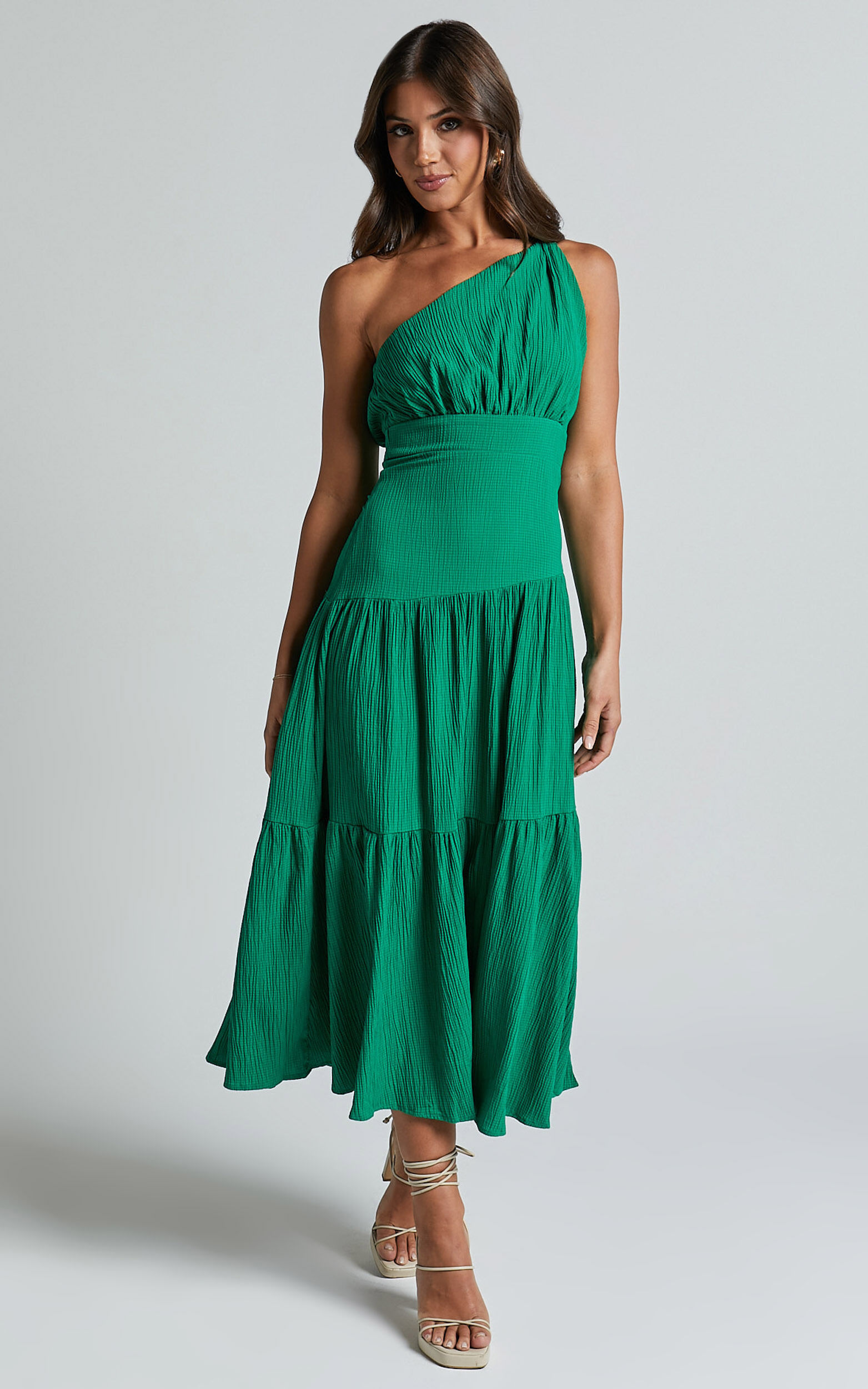 Celestia Midi Dress - Tiered One Shoulder Dress in Green