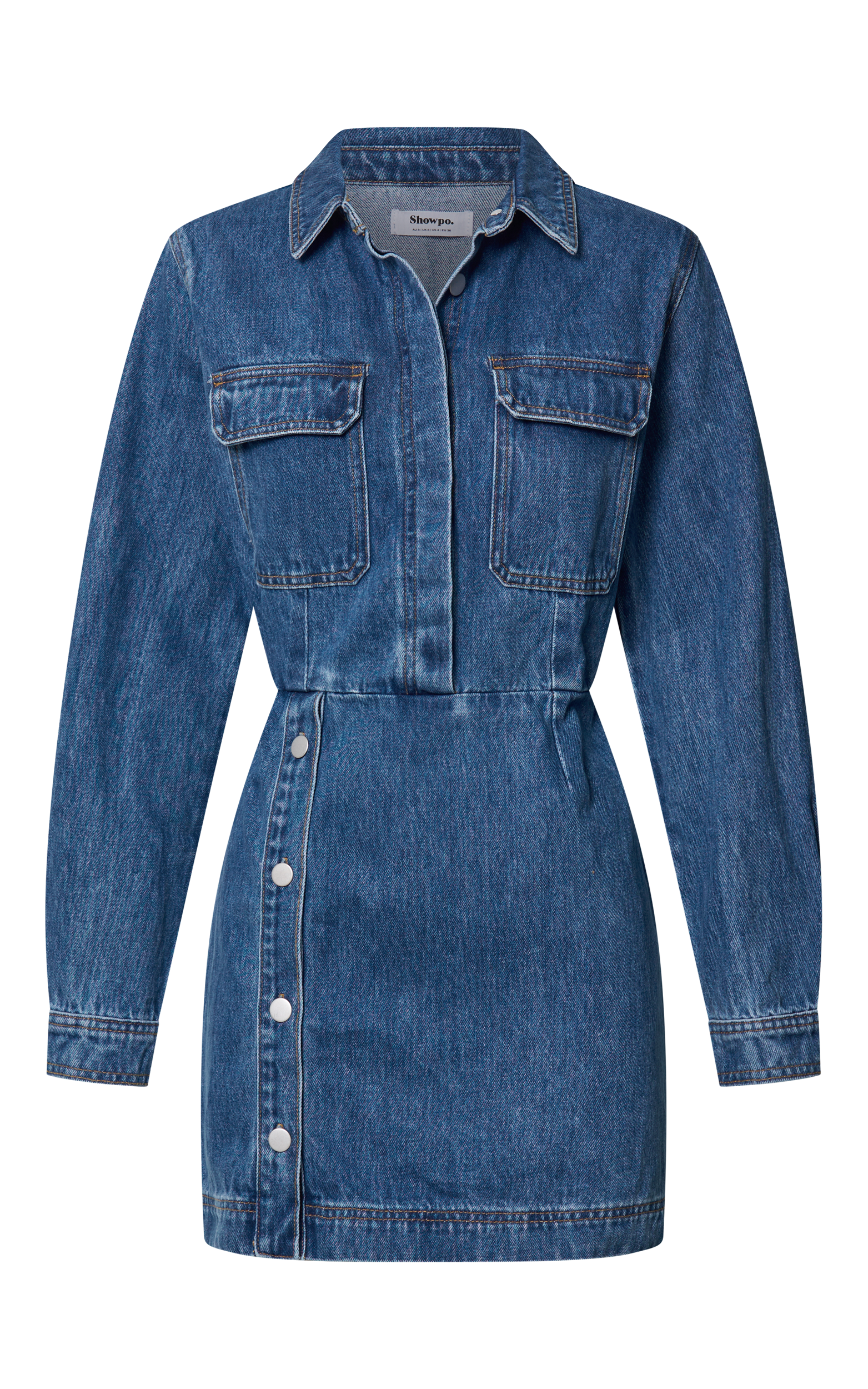 Ainsley Mini Dress - Button Through Long Sleeve Denim Dress in Mid Blue Wash