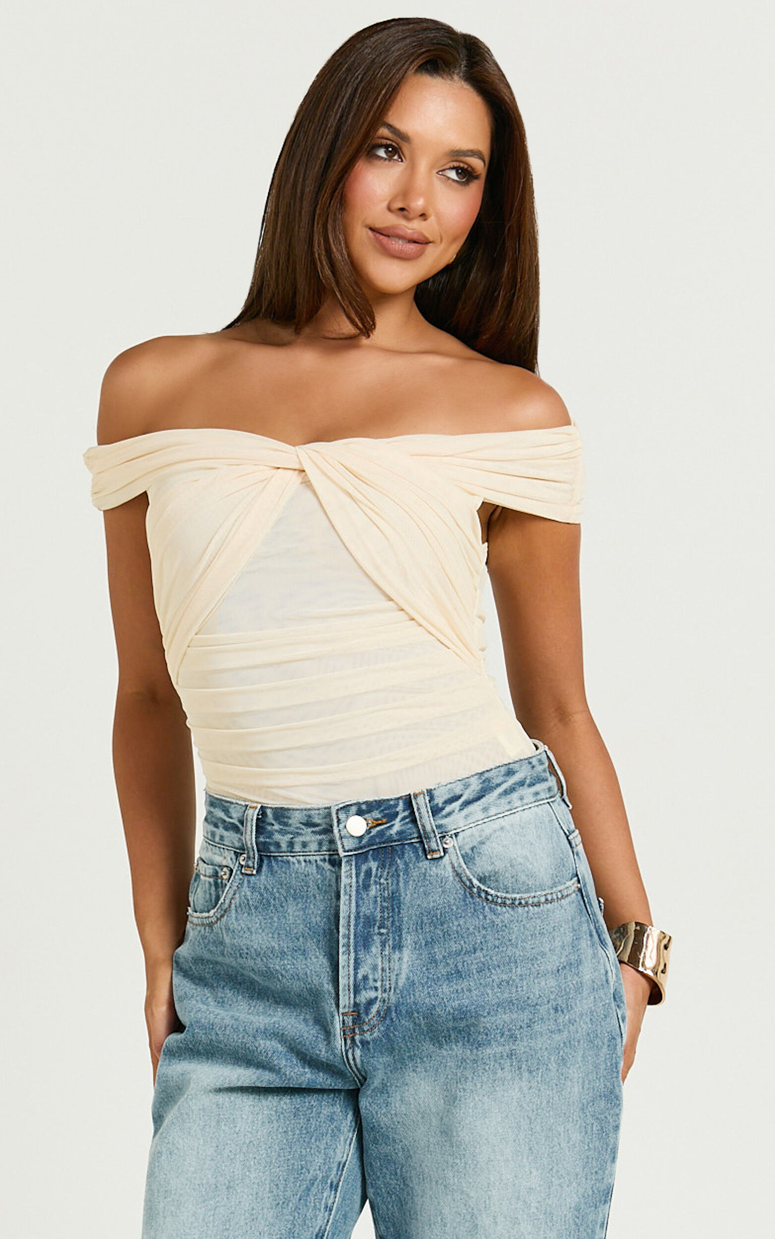 Carina Bodysuit - Twist Front Off Shoulder Mesh Bodysuit in Cream