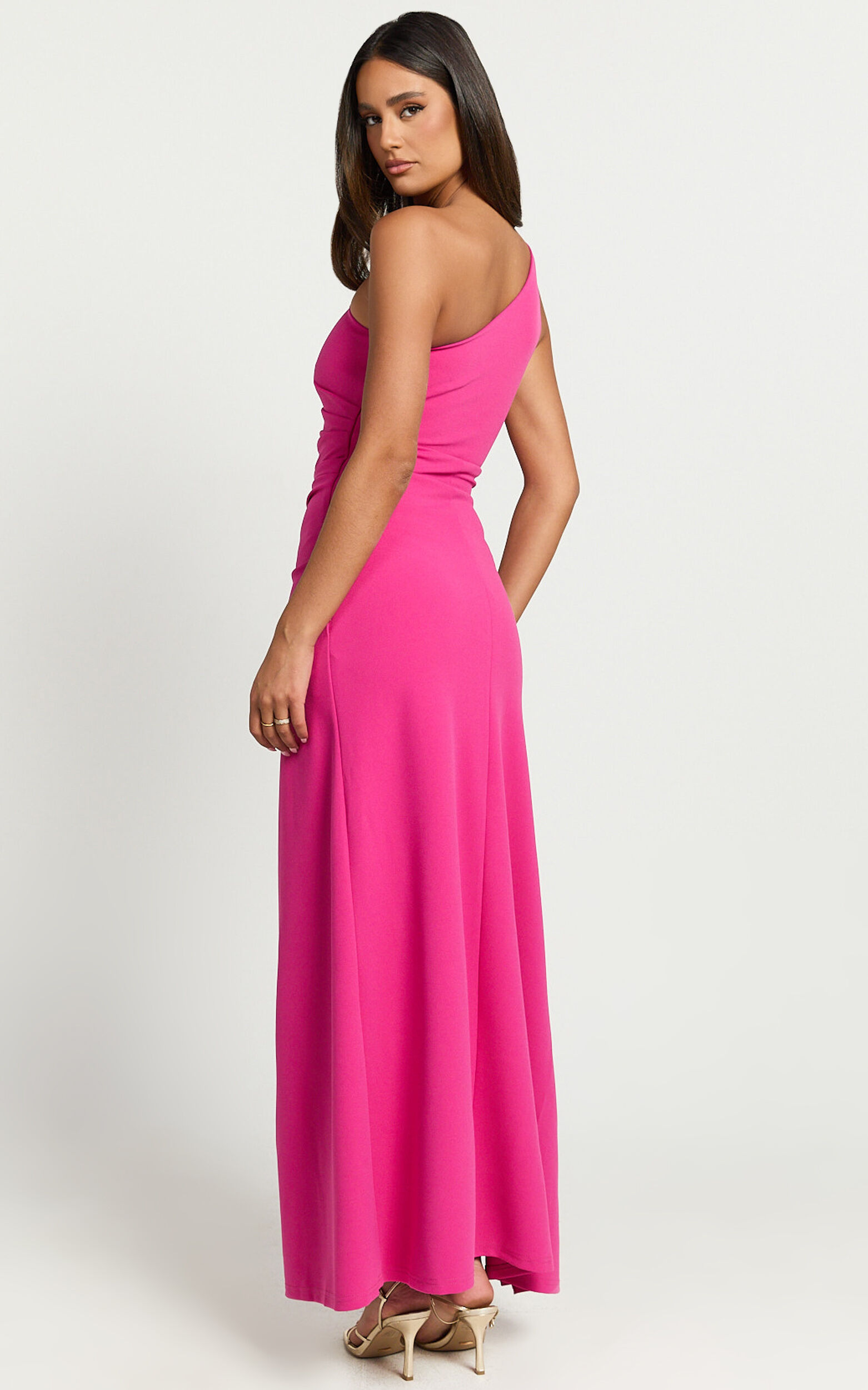 Marge Maxi Dress - One Shoulder Ruched Thigh Split Dress in Hot Pink