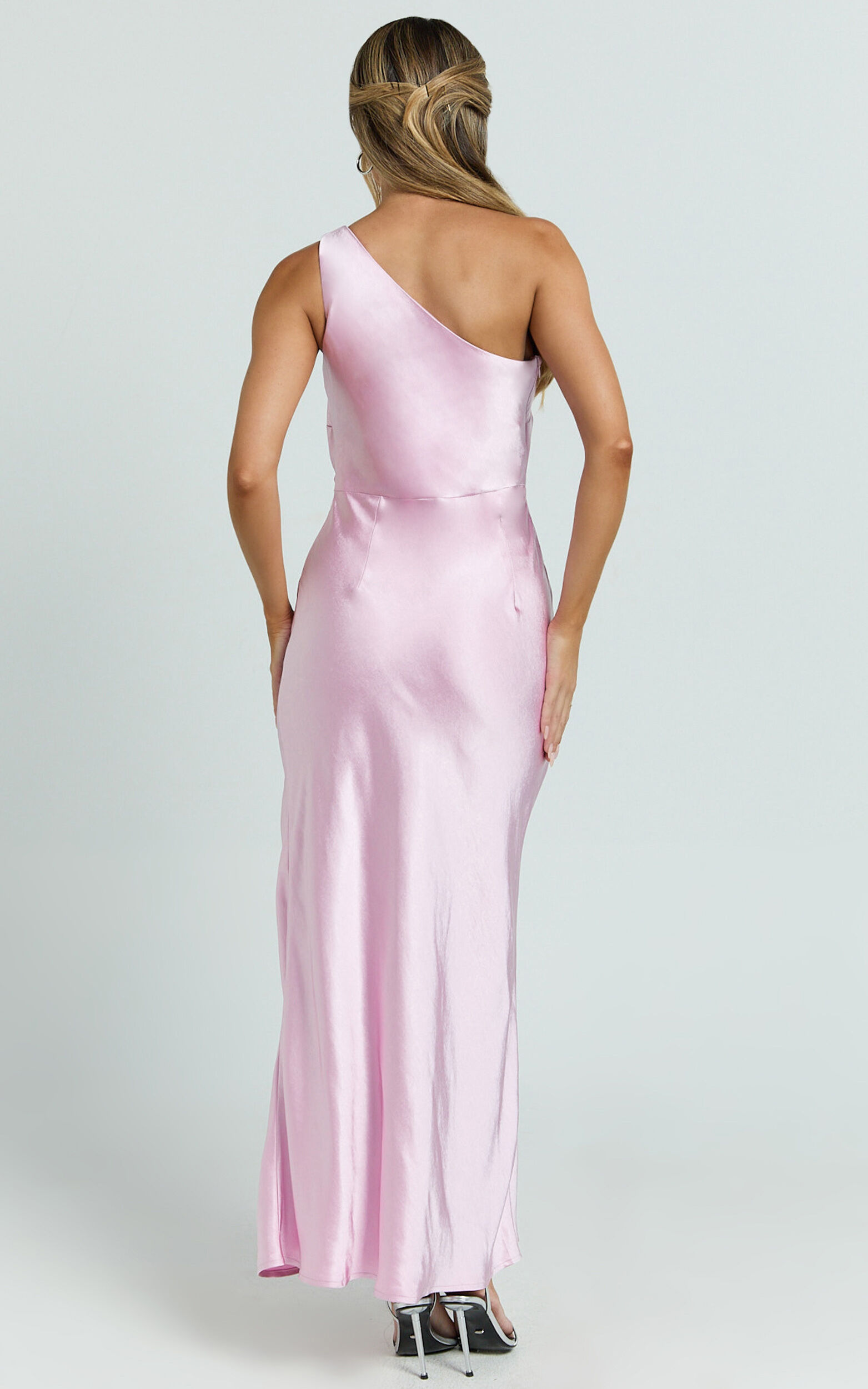 Isla Maxi Dress - Satin One Shoulder Side Split Dress in Pink