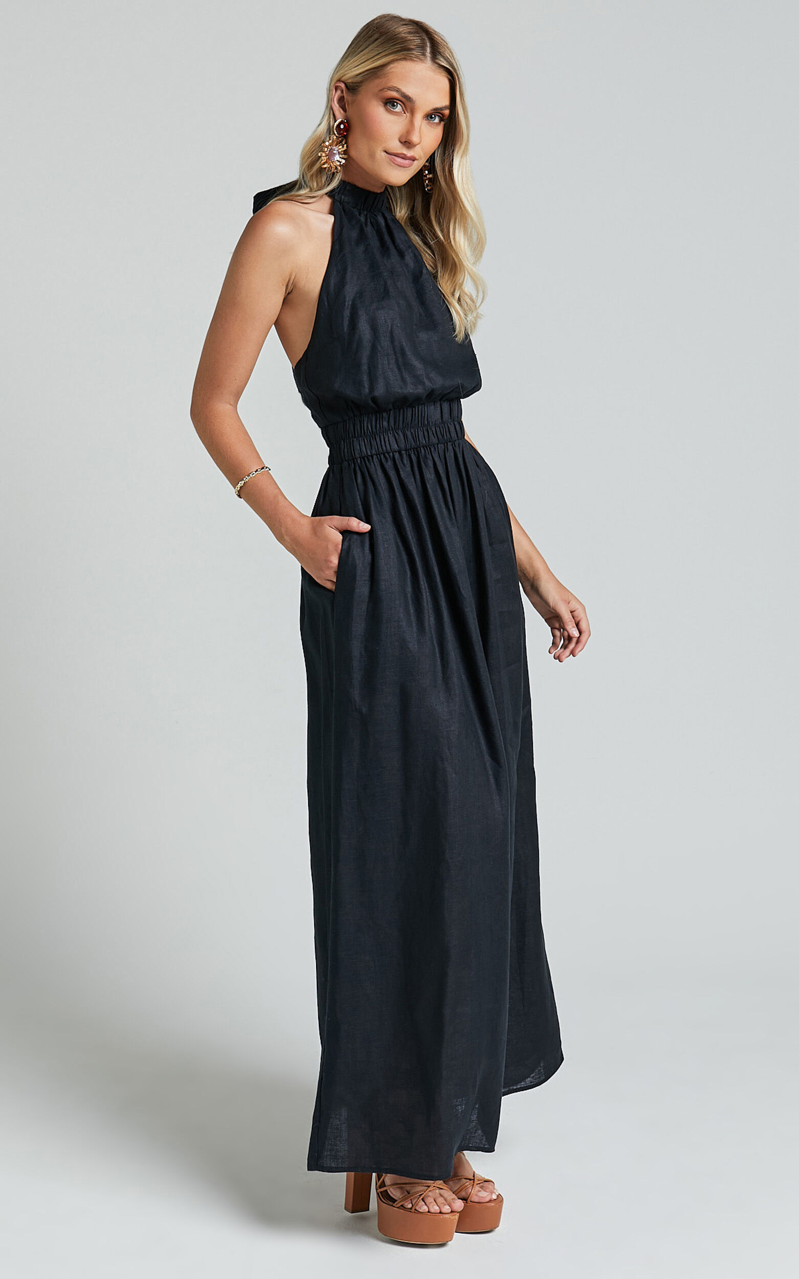 Amalie The Label - Shepard Linen Blend Halter Neck Maxi Dress in Black