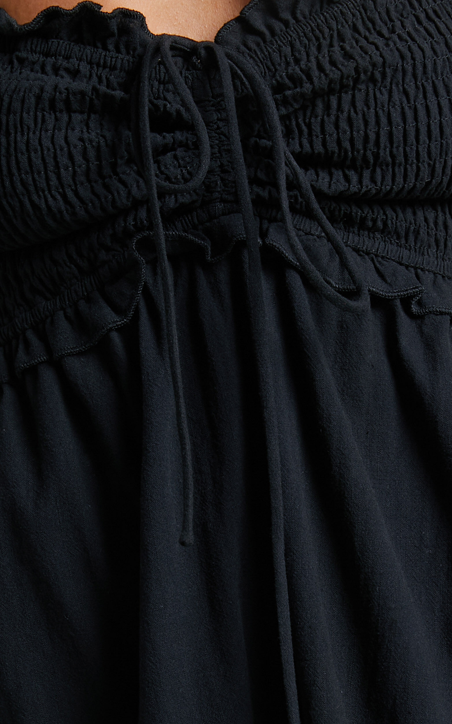 Nikka Midi Linen Dress - Shirred Off Shoulder Puff Sleeve Dress in Black