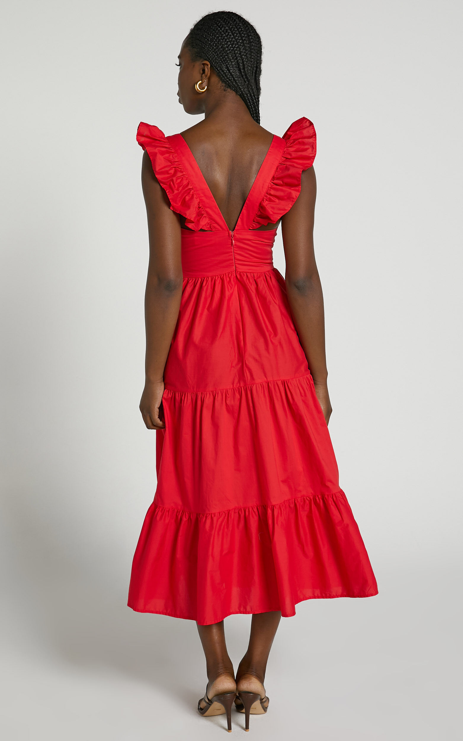 Levona Midi Dress - Ruffle Shoulder Tiered Dress in Cherry Tomato