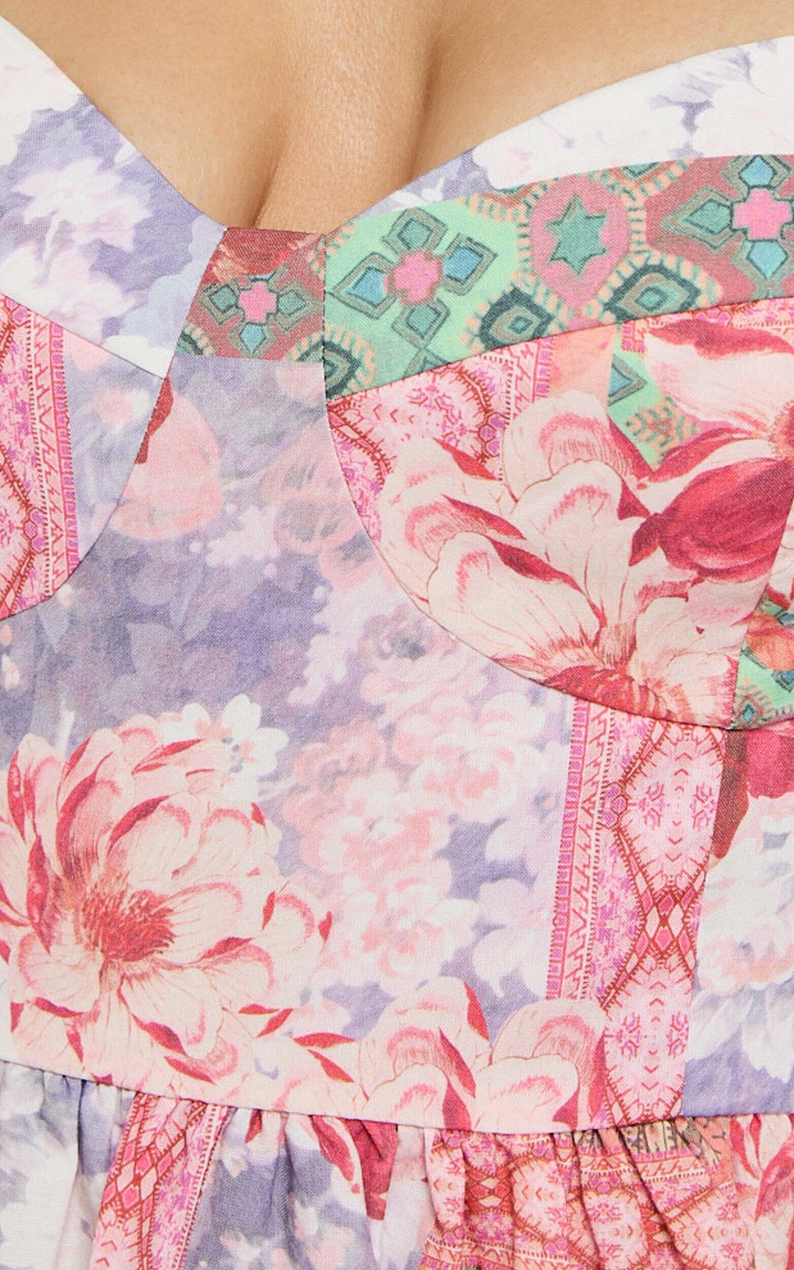 Meagan Midi Dress - Tie Shoulder Gathered Skirt Dress in Floral Mosaic Print