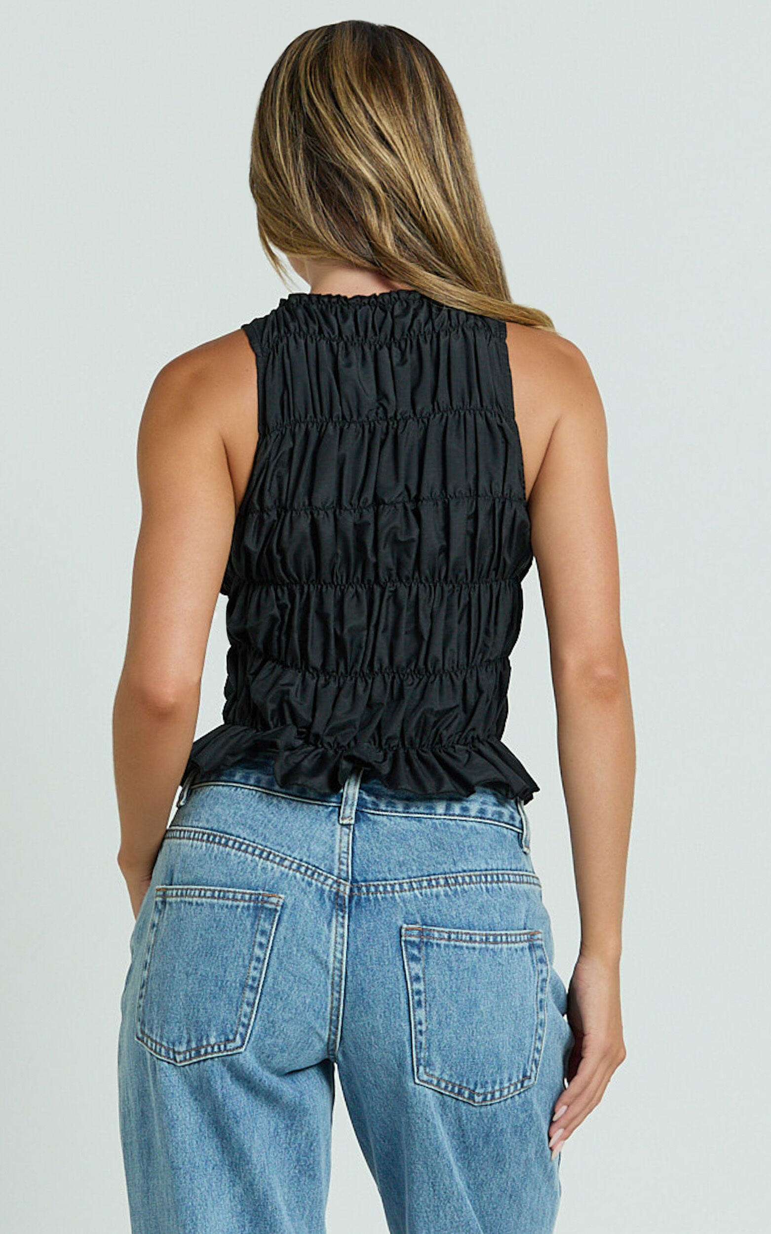 Aphrodite Top - Boat Neck Sleeveless Ruched Detail Top in Black