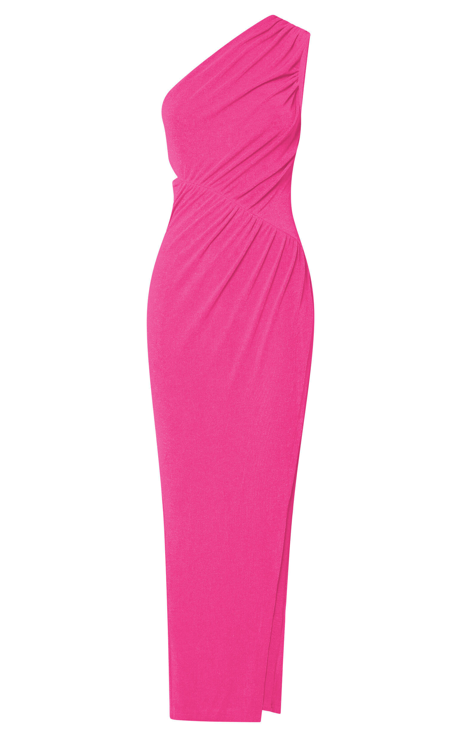 Cristle Midi Dress - One Shoulder Side Cut Out Thigh Split Dress in Hot Pink