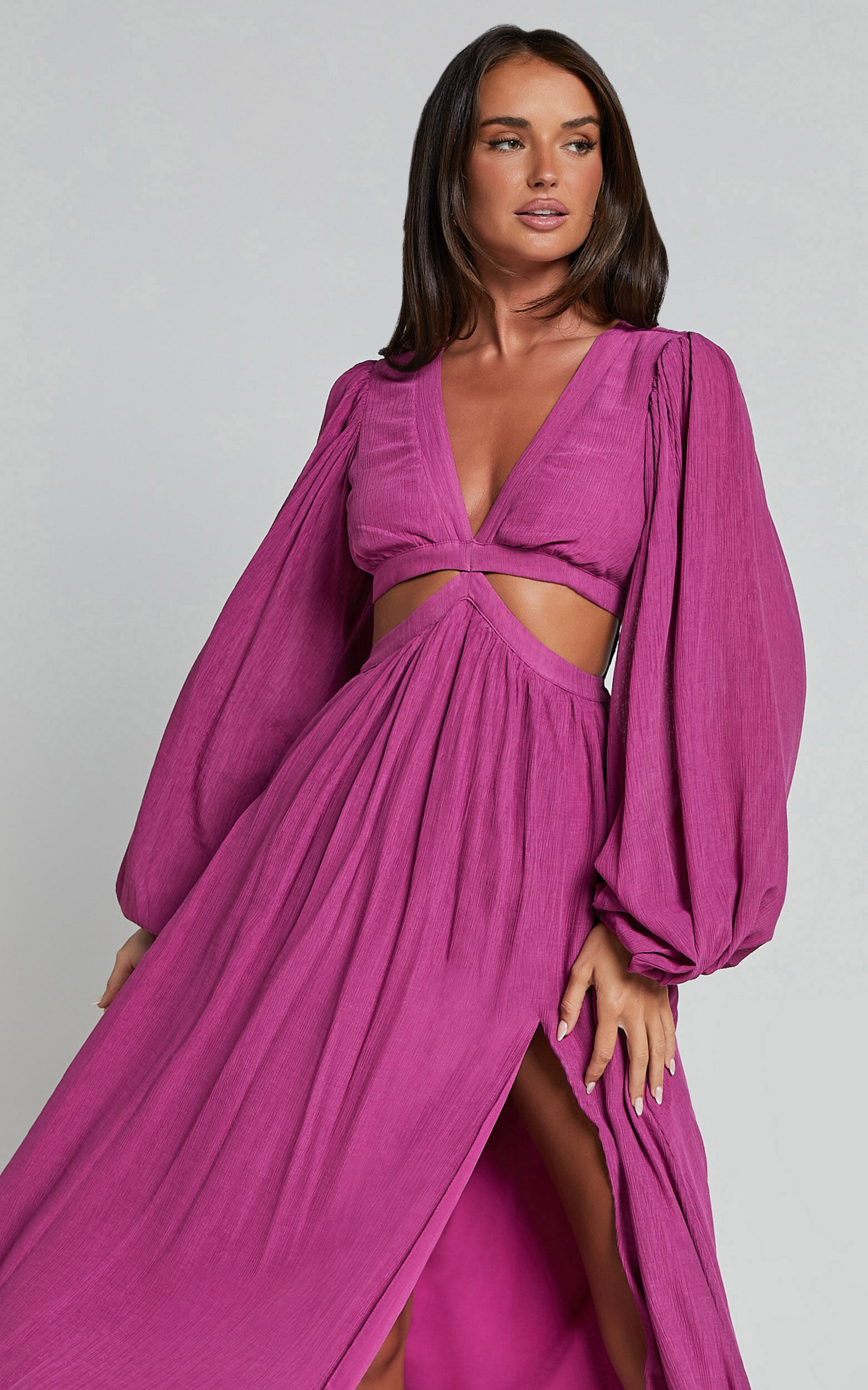 Paige Maxi Dress - Side Cut Out Balloon Sleeve Dress in Orchid