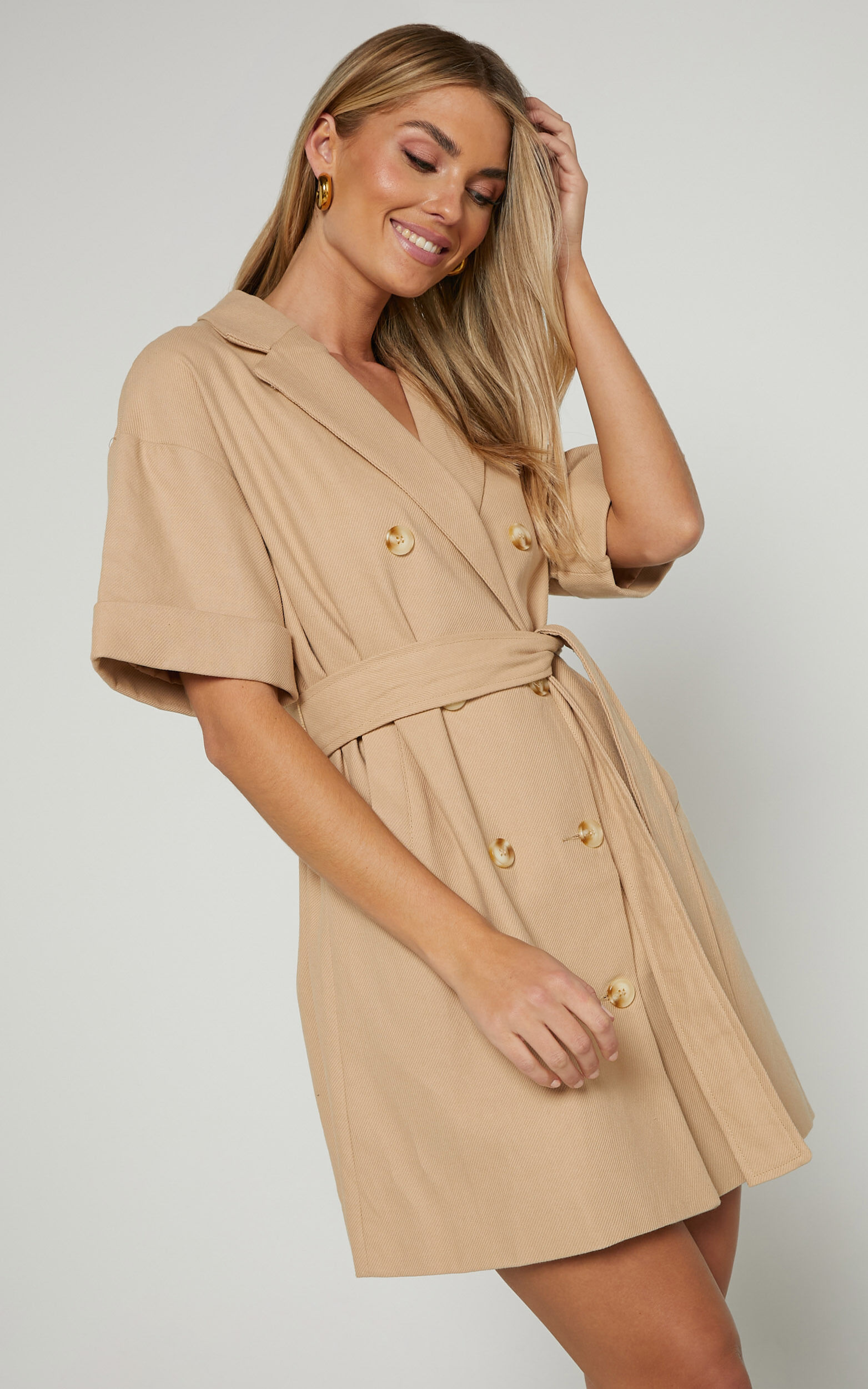 Cyrus Mini Dress - Waist Wrap Short Sleeve Blazer Mini Dress in Stone