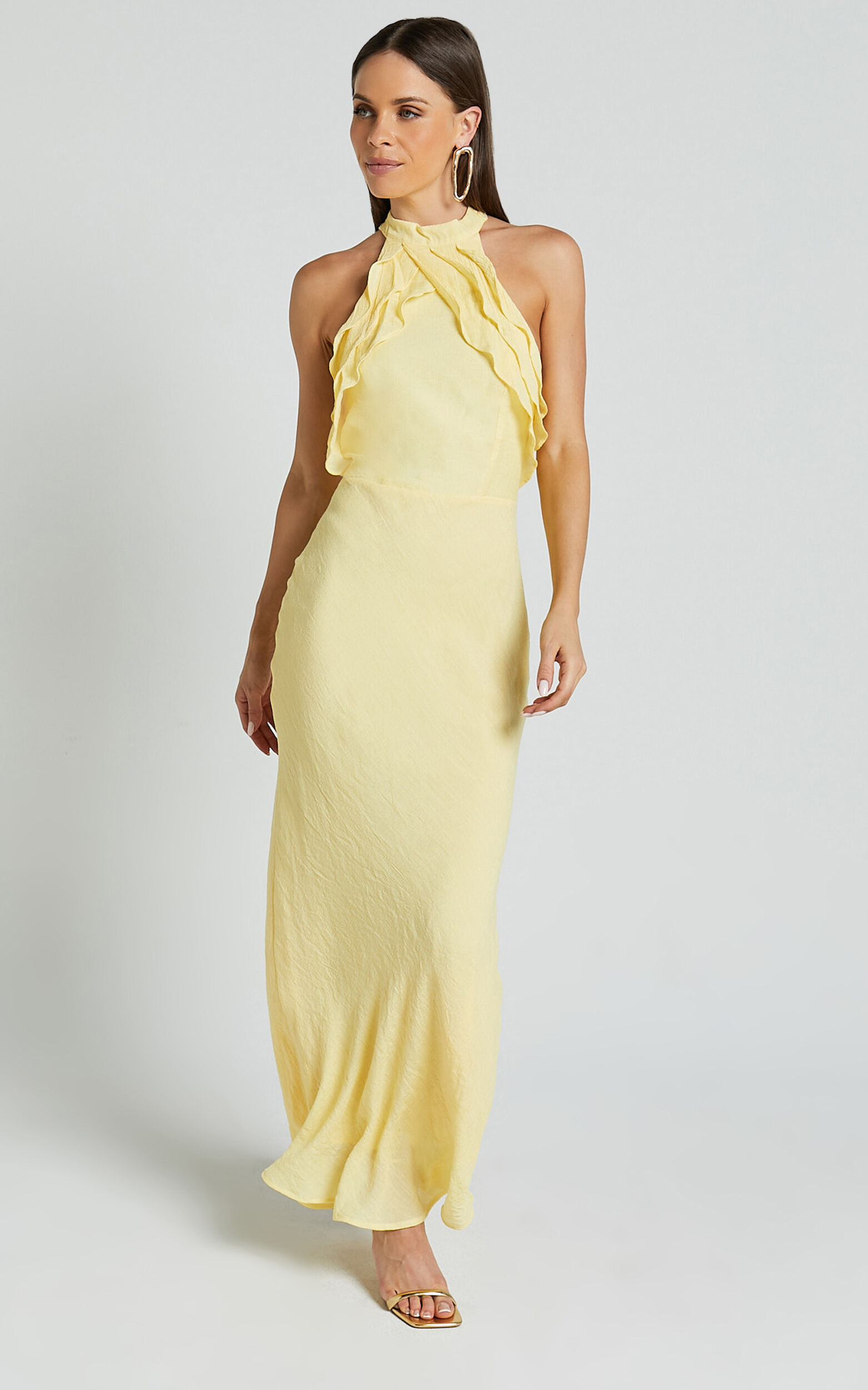 Asha Maxi Dress- High Neck Ruffle Detail Dress in Banana