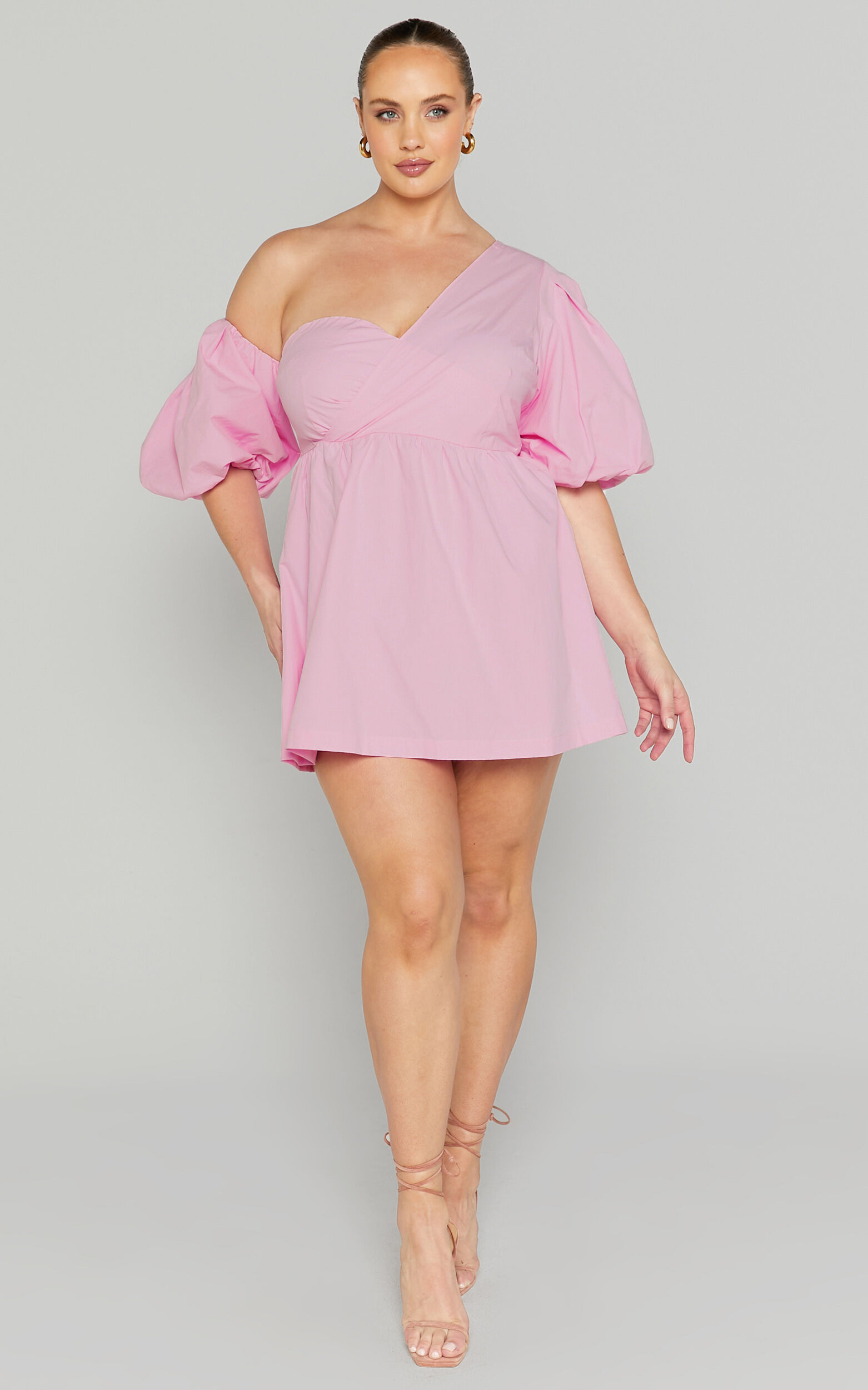 Sula Mini Dress - Asymmetric Off One Shoulder Puff Sleeve Dress in Pink