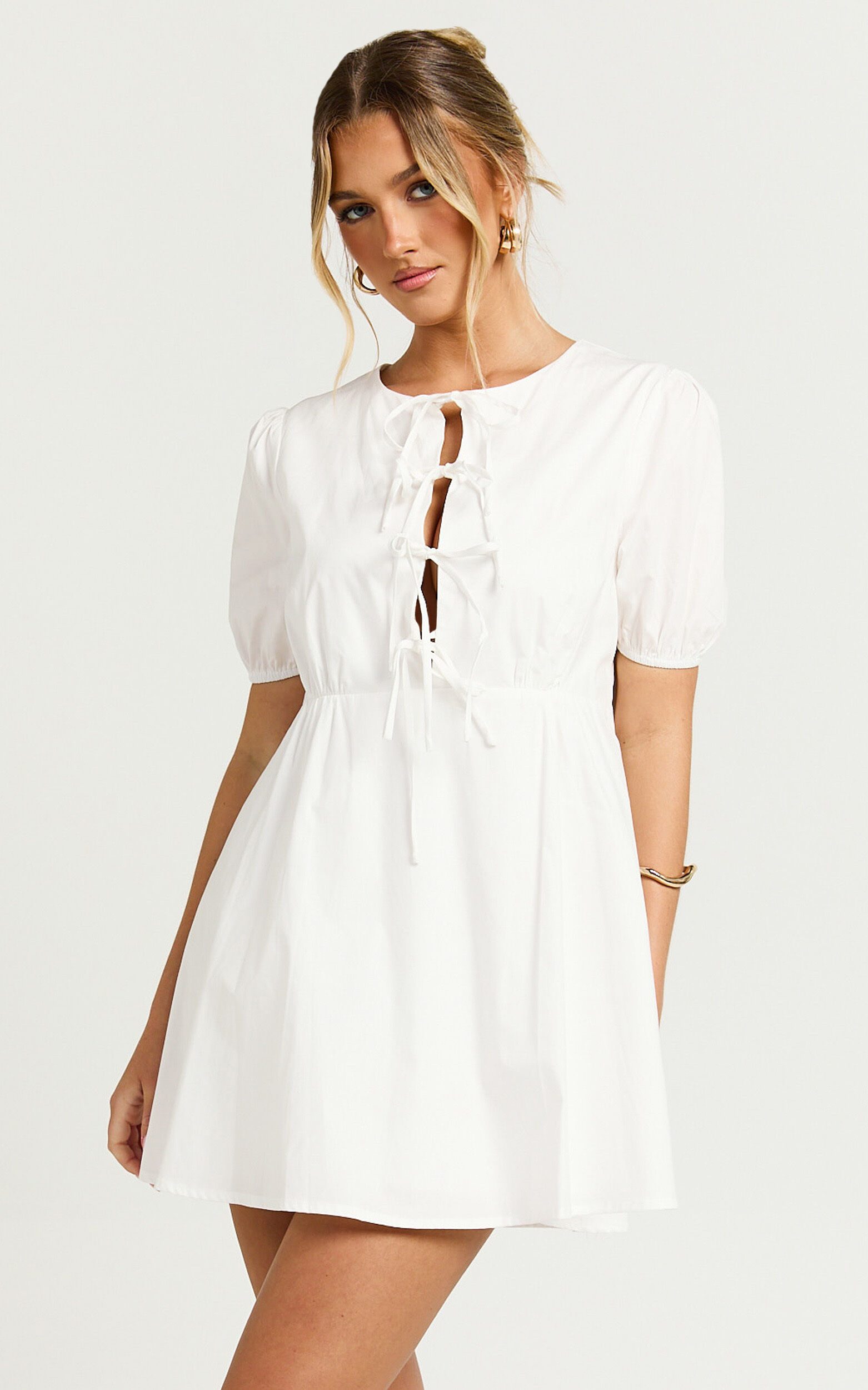 Hattie Mini Dress - Tie Front Puff Sleeve Dress in White